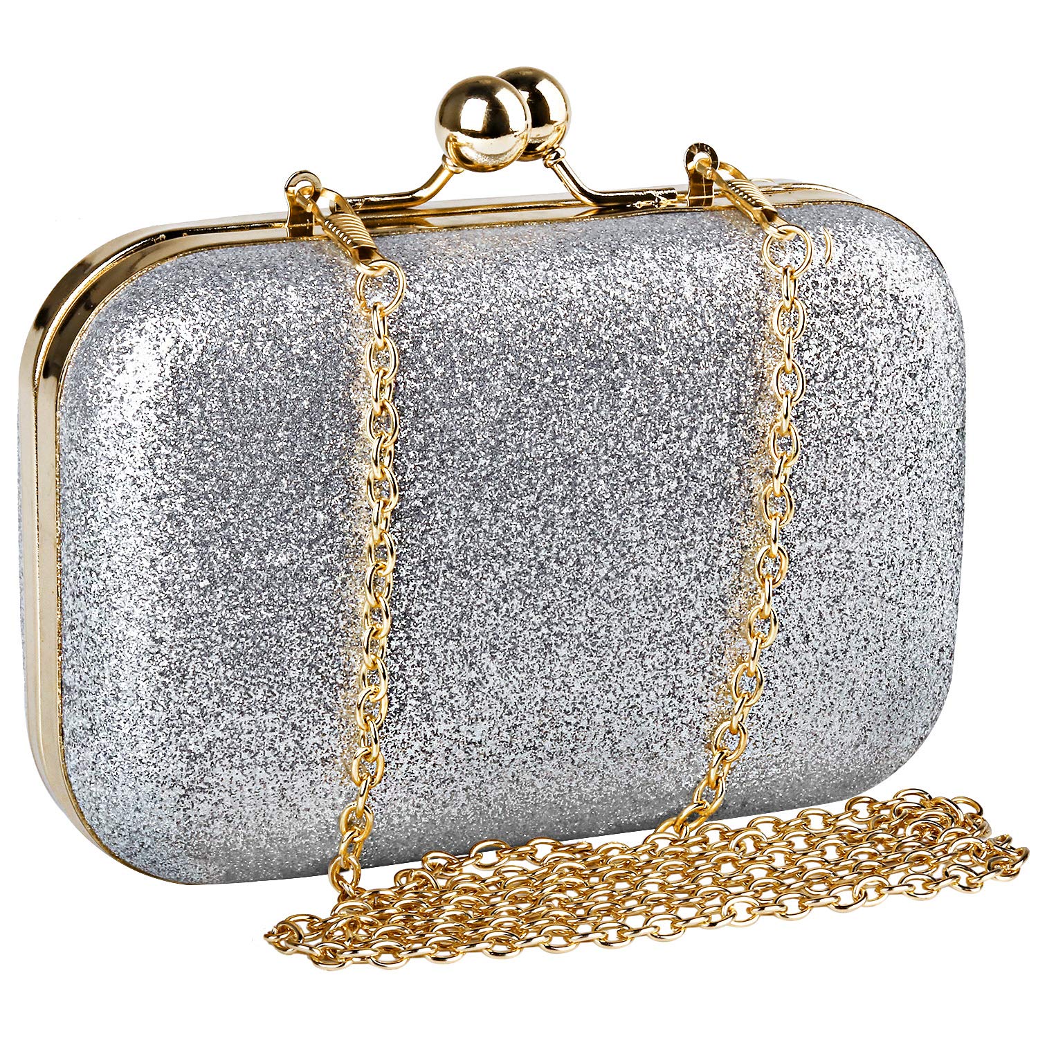 Womens Mini Evening Bag,Beautyshow PU Glitter Shiny Bling Shoulder Bag Cross Body Messenger Bag Kiss Lock Dinner Handbag With Chain Strap - Silver