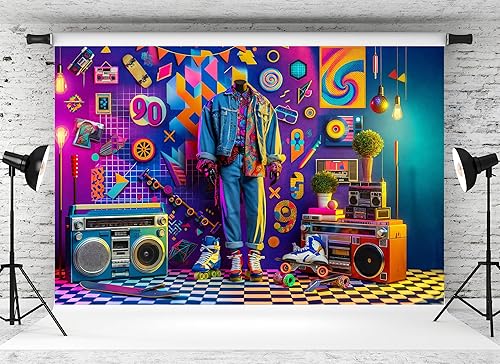 Miniatura 2 de 7x5ft 90s Retro Backdrop Colorful Neon 1990s Elements Skateboard Boombox Background for Hip Hop Rap Music Rock&Roll 90s Theme Party Retro Birthday