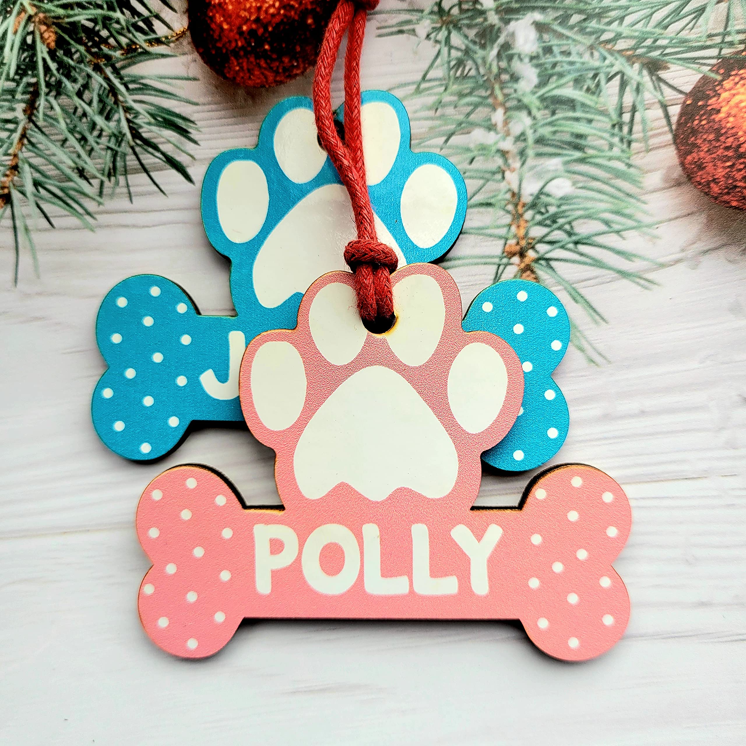 Personalised Christmas Bauble Dog Bone tree decoration wooden hanging ornament gift bag BLUE