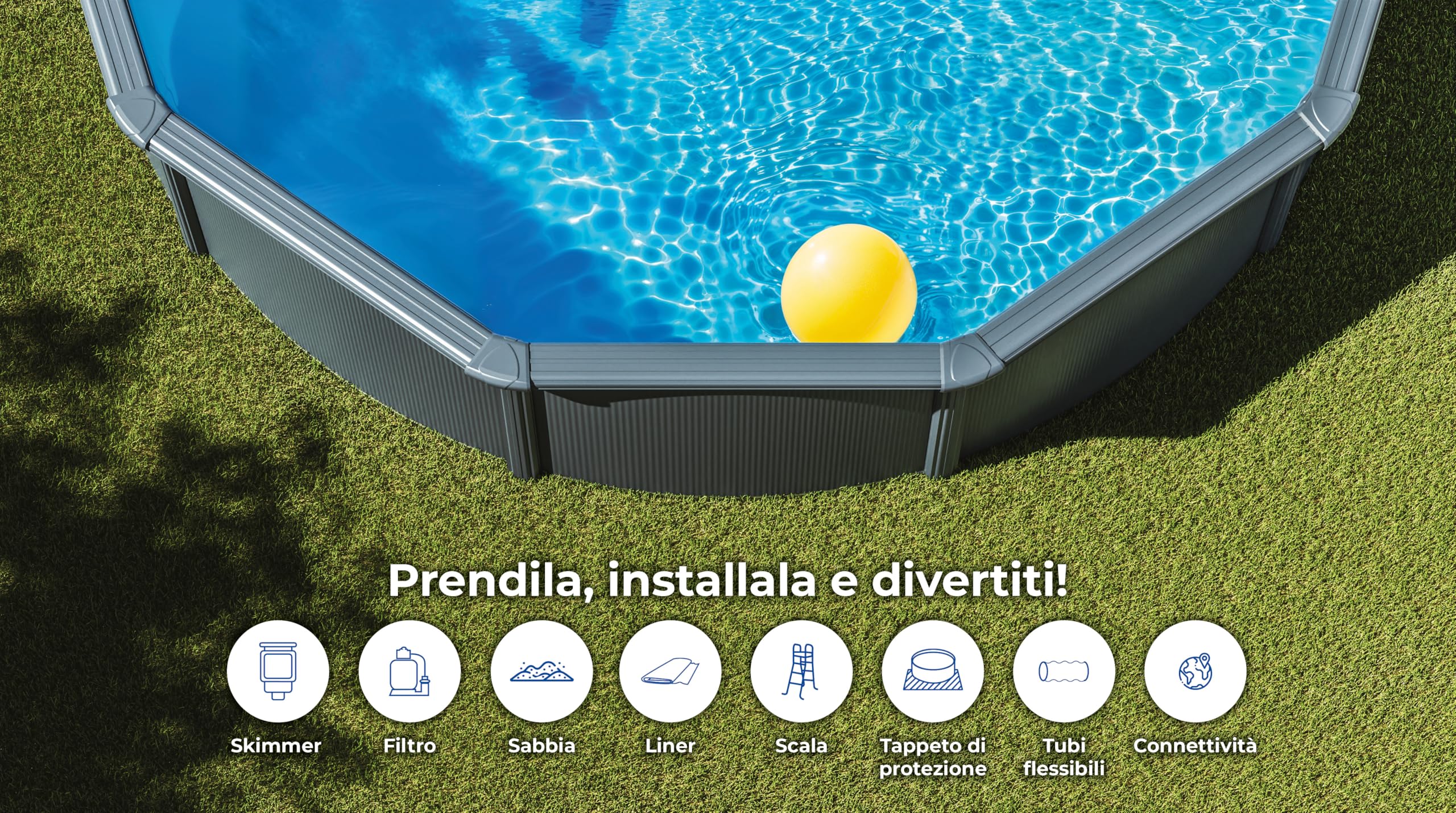 Piscina Gre KITPR558GF Granada. - Piscina fuori terra in acciaio, rotonda in acciaio, colore grafito. Piscina scomponibile per Giardino. 550 x 132 cm