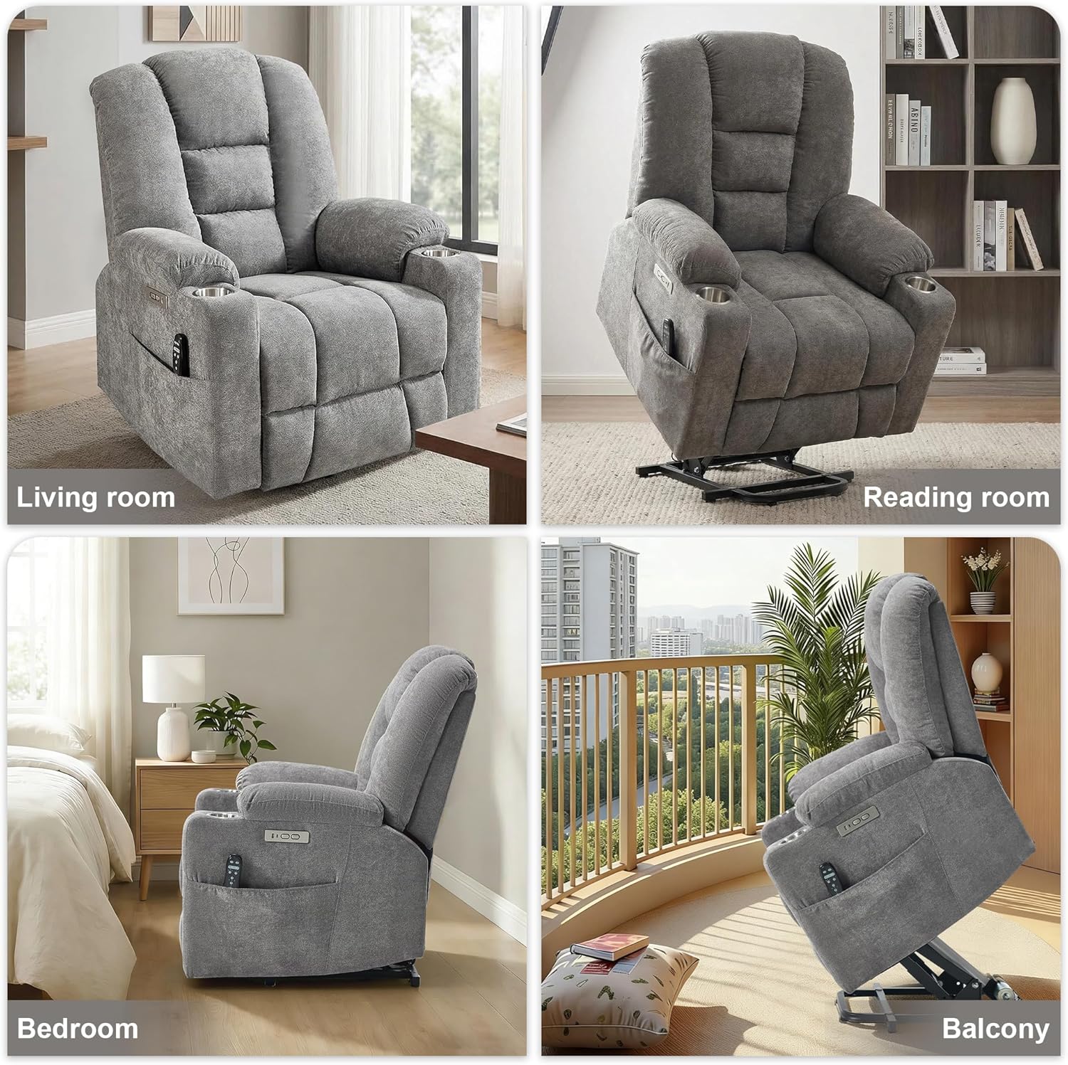 Electric Power Lift Recliner Chair for Elderly & Adult, Massage and Heat Power Oversized Sofa with Side Pockets, Cup Holders, USB and Type-C Ports, Chenille Fabric, Light Gray