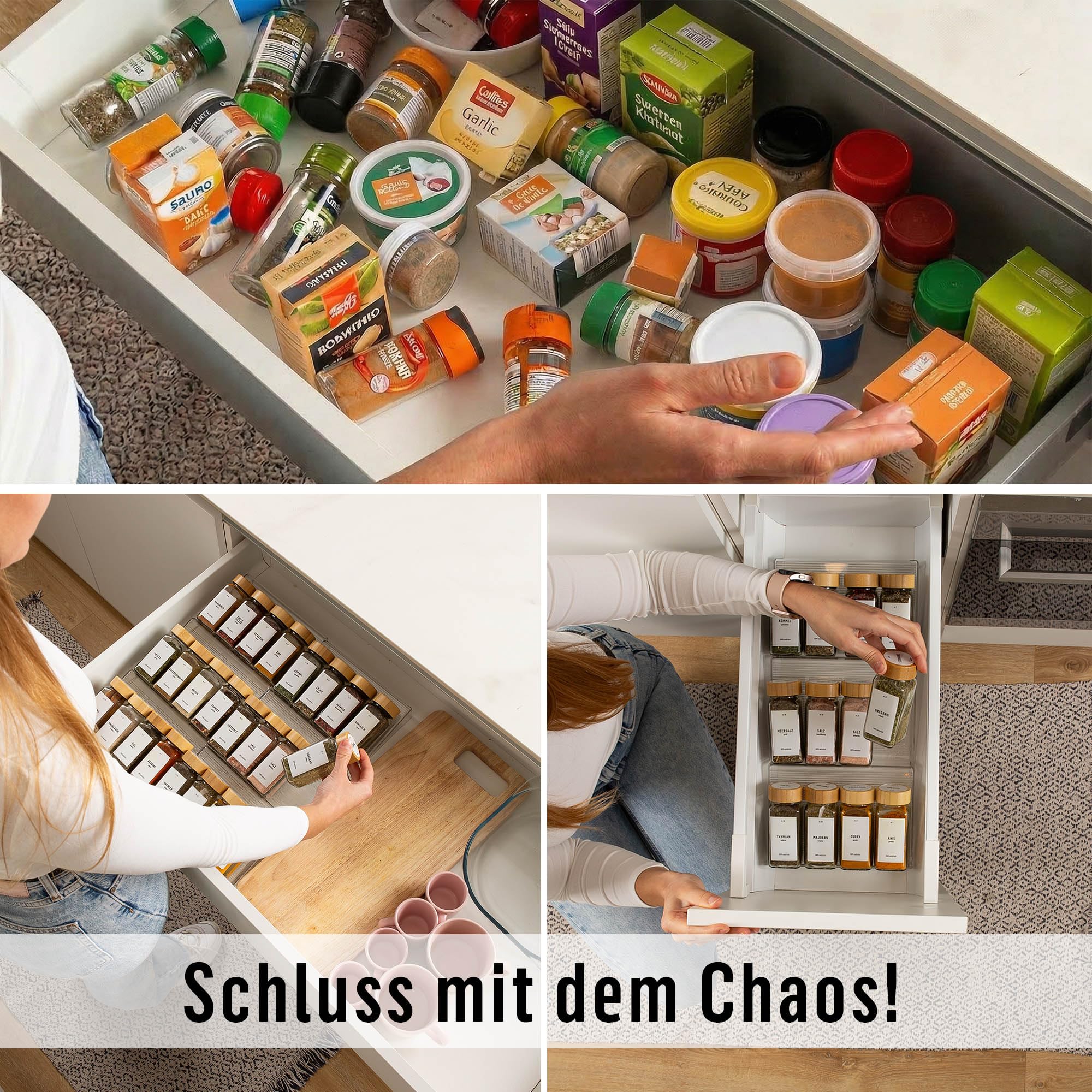 Deco haus Gewürzregal Schublade Mit 24 Gewürzgläser eckig + 280 Etiketten | Gewürzeinsatz Schublade - Gewürzschublade Organizer - Gewürz Schubladeneinsatz Gewürze