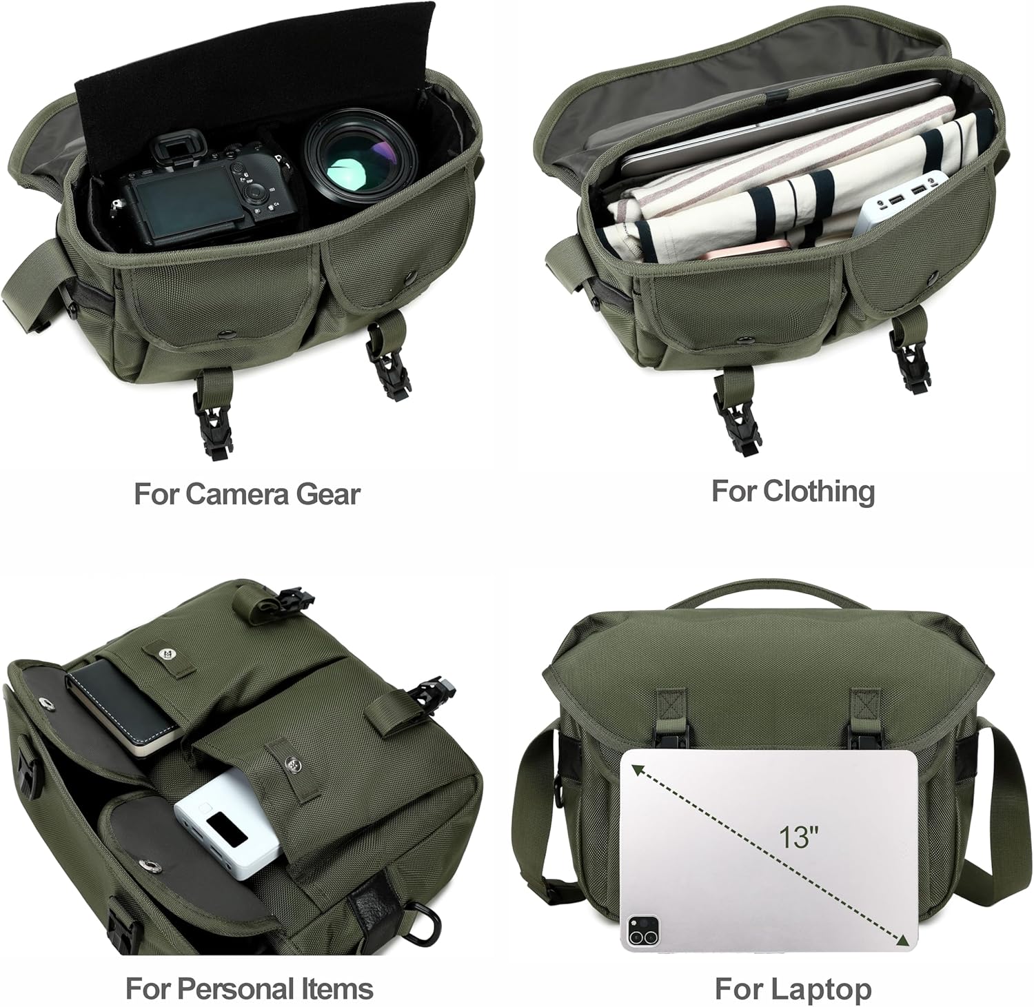 Padwa Lifestyle Green Camera Bag - Nylon Flap Camera Photography Bag for Single Shoulder & Crossbody and Hand Carry with Removable Lining,Weather Resistant Casual Camera Bag for Cameras & Drone