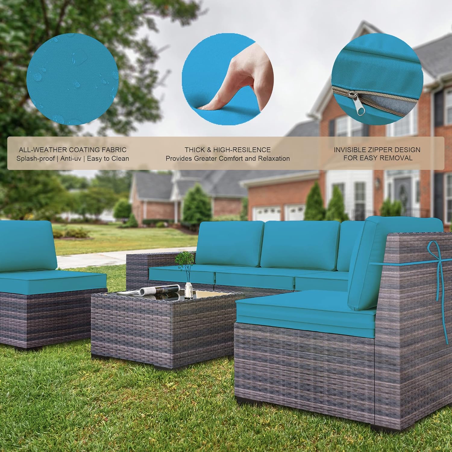 Grezone 6 Pieces Patio Outdoor Furniture Sets All Weather Wicker Sectional Sofa Couch Lawn Sectional Furniture with Washable Couch Cushions and Black-Glass Table (Blue) : Patio, Lawn & Garden