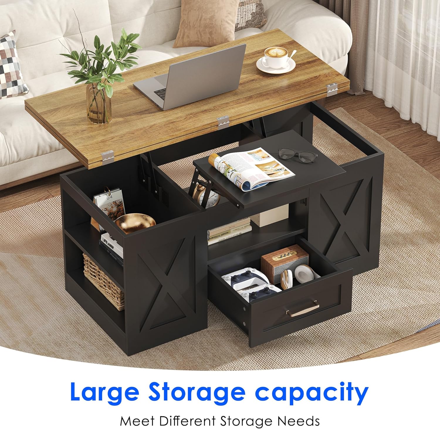 40" Lift Top Coffee Table, 4 in 1 Multi-Function Lift Coffee Tables with Storage Drawers and Hidden Compartmen, Farmhouse Coffee Table Converts to Dining Table (Retro Brown+Black)