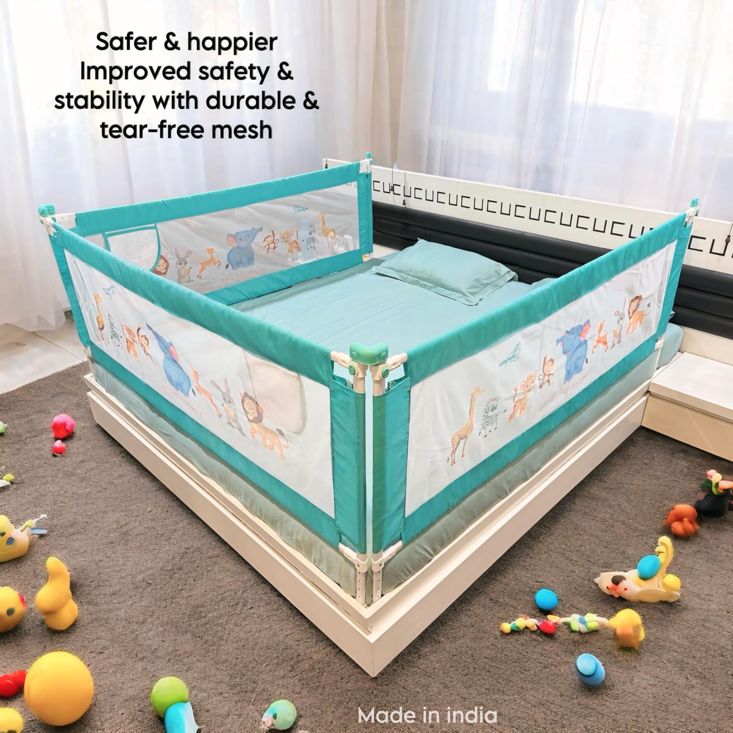 HAOWKI Baby Bed Rail Guard for Kids | Foldable Safety (6ft x 2ft) Bed Fence with Animal Print | Tear-Free Mesh | Suitable for All Bed Sizes (3, Green) - Image 5 thumbnail