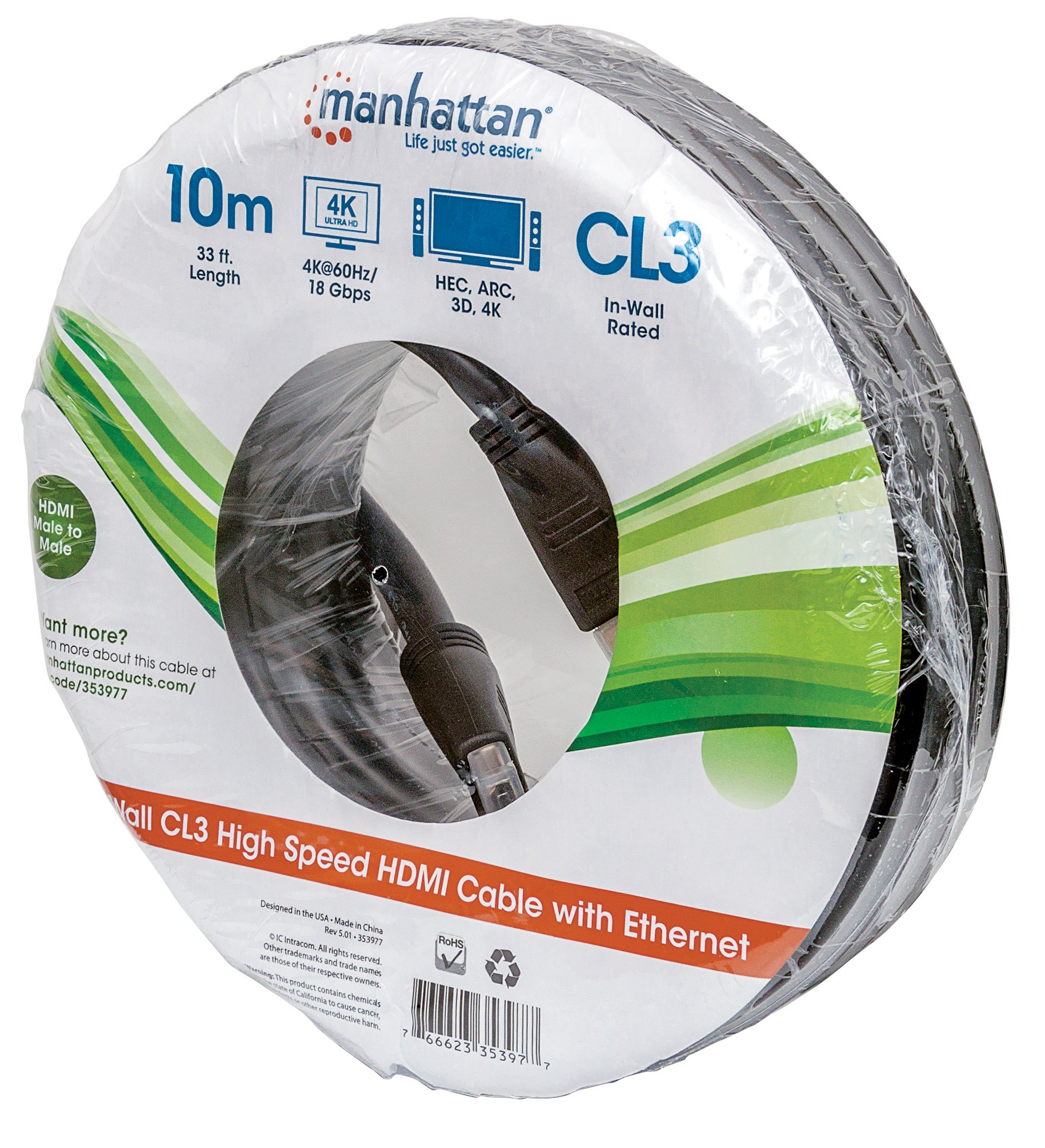 Manhattan 353977 10m HDMI HDMI Negro Cable HDMI - Cables HDMI (10 m, HDMI Type A (Standard), HDMI Type A (Standard), 3D, 18 Gbit/s, Negro)