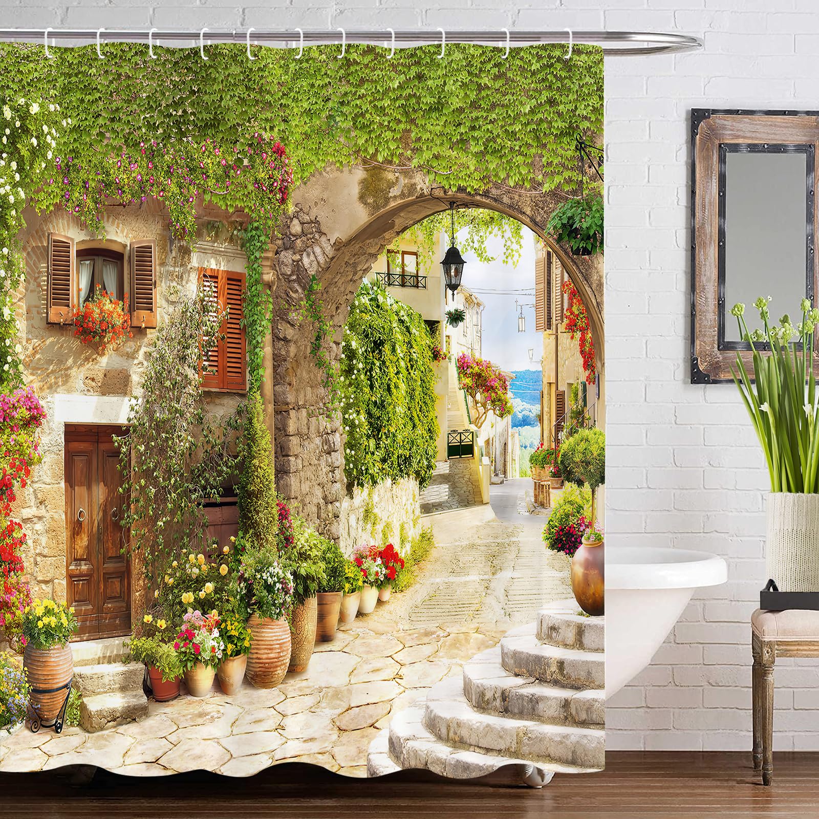 GOOESING Garden Shower Curtain Leaves Flowers Floral Shower Curtain Landscape Bathroom Curtain with Hooks Bathroom Bathtub Decor Washable Durable Waterproof Fabric 180x180cm - Image 4
