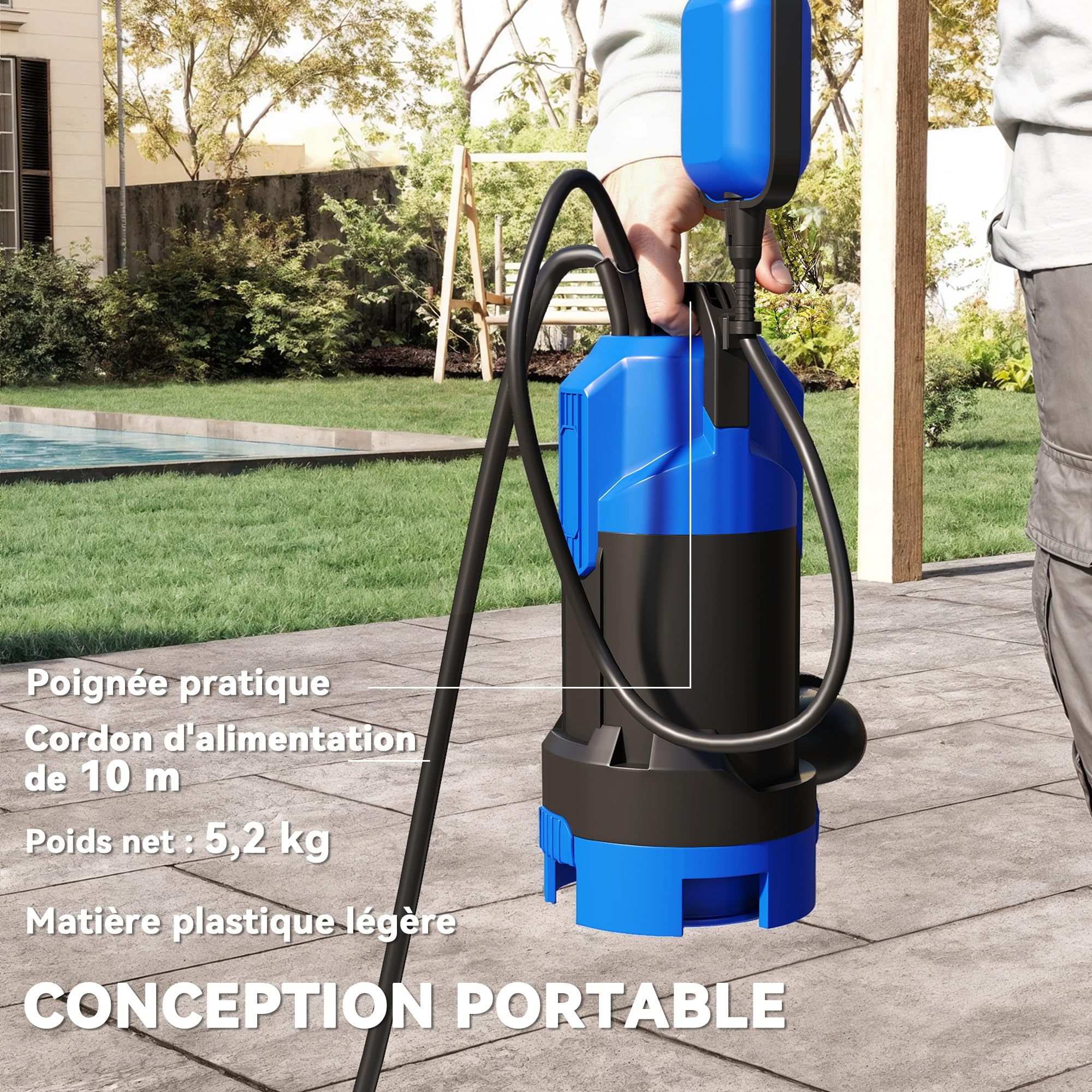 Outsunny Pompa di drenaggio acqua sporca/pulita 20000L/h 750W 7m Nero | Profondità massima, acqua sporca, particelle fino a 35mm, pompa di sollevamento, interruttore a galleggiante