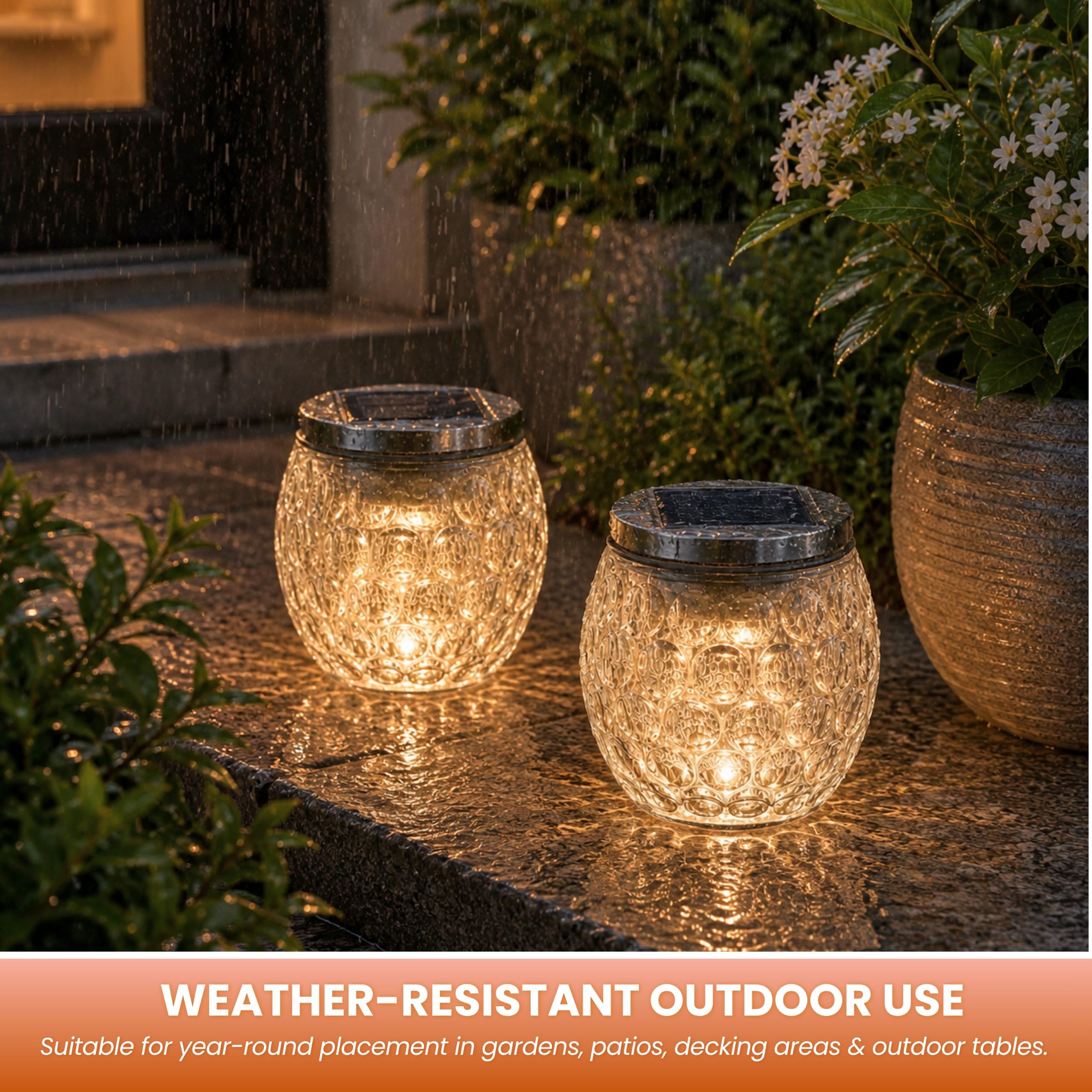 Garden Mile Juego de 2 luces solares de vidrio para tarros, linternas solares LED de color blanco cálido con sensor de encendido/apagado automático, luces de mesa de vidrio pesado con hoyuelos para