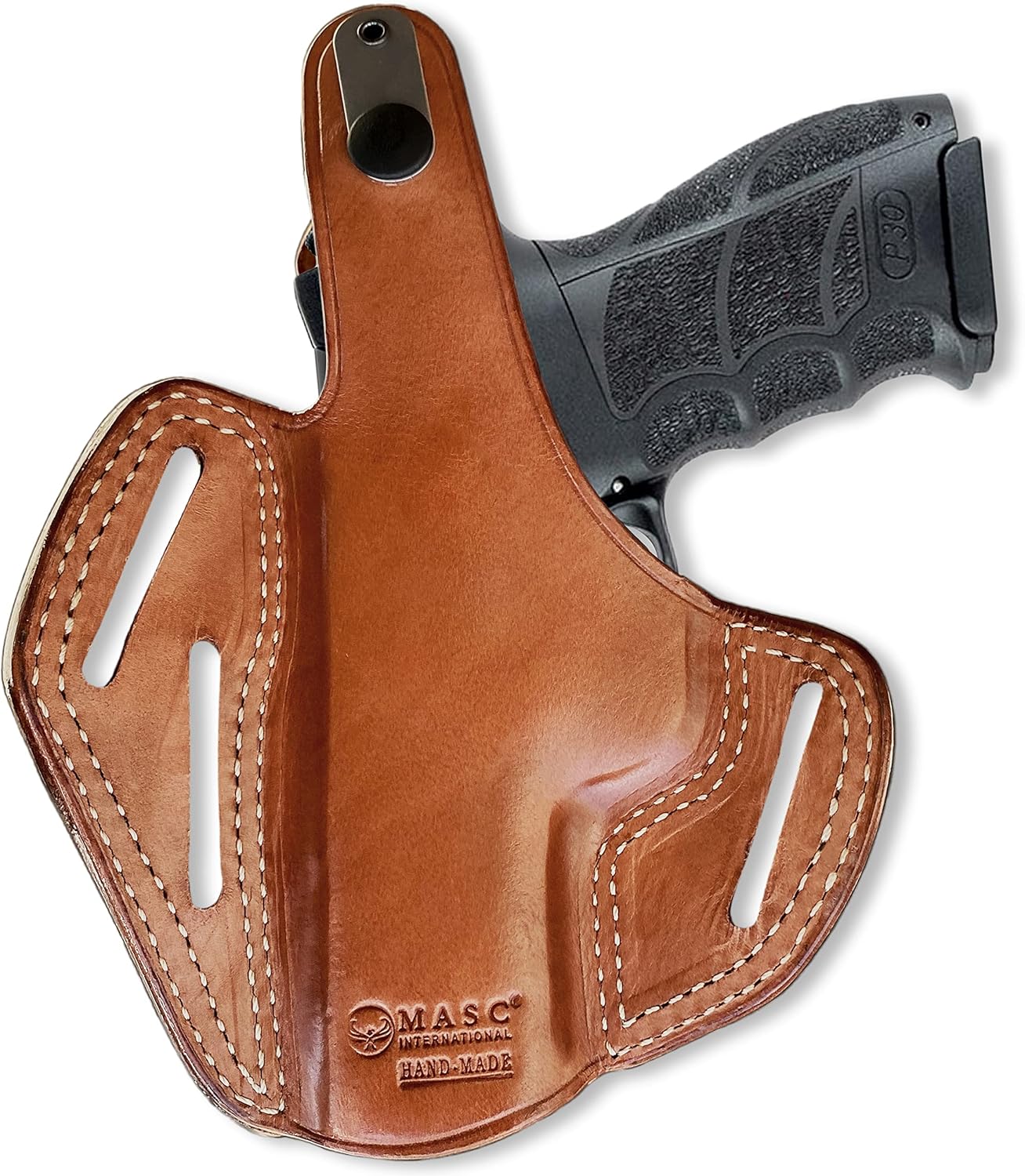 Masc Premium Leather Three Slot Pancake Holster with Thumb Break, HK-Type P30L 4.45-inch, Right Hand Draw, Brown Color #1166#