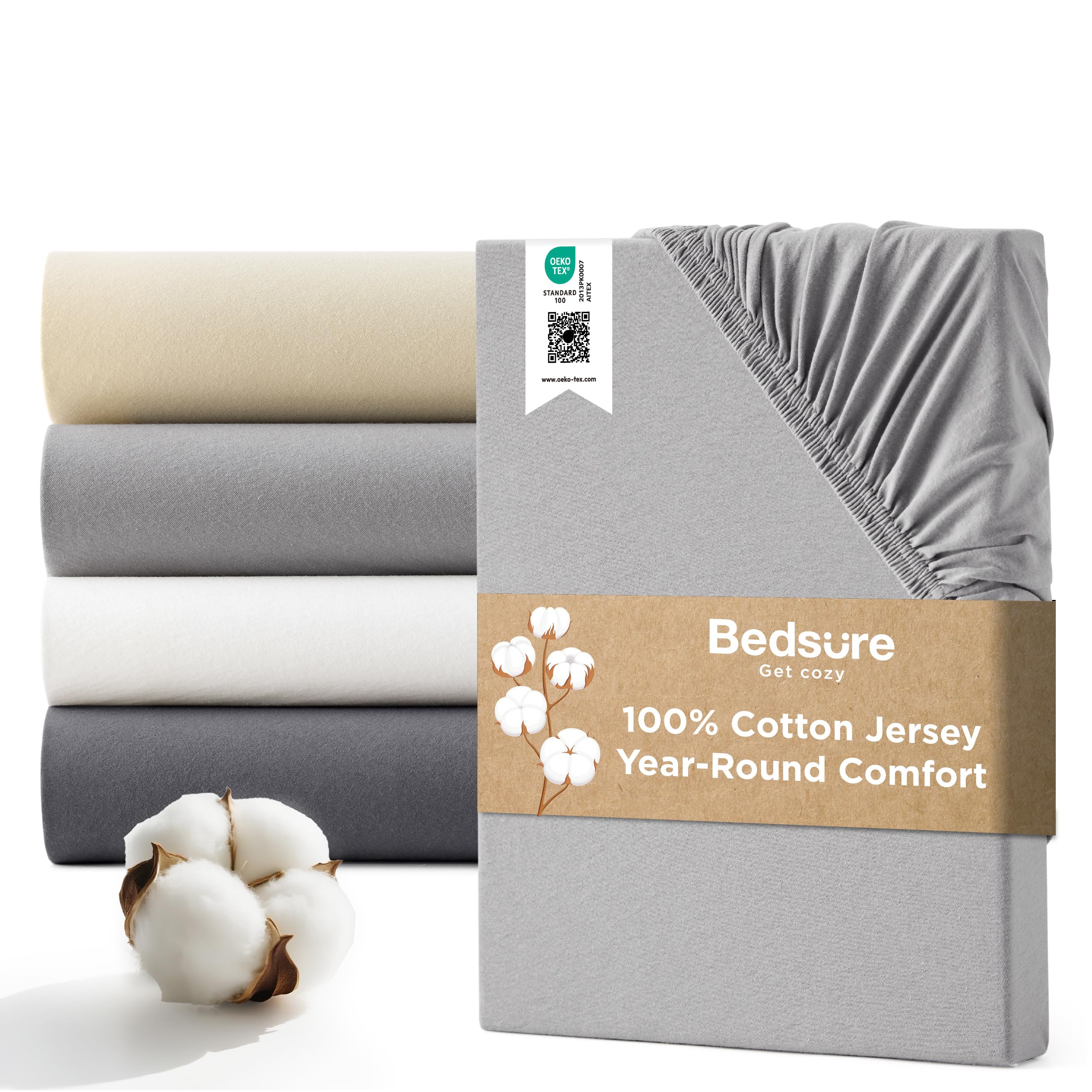 Bedsure King Size Fitted Sheet – Jersey Cotton Knit, 40 cm Extra Deep Pocket Bed Sheet, 100% Cotton, Breathable, Elasticated Corners, Grey, 150x200 cm