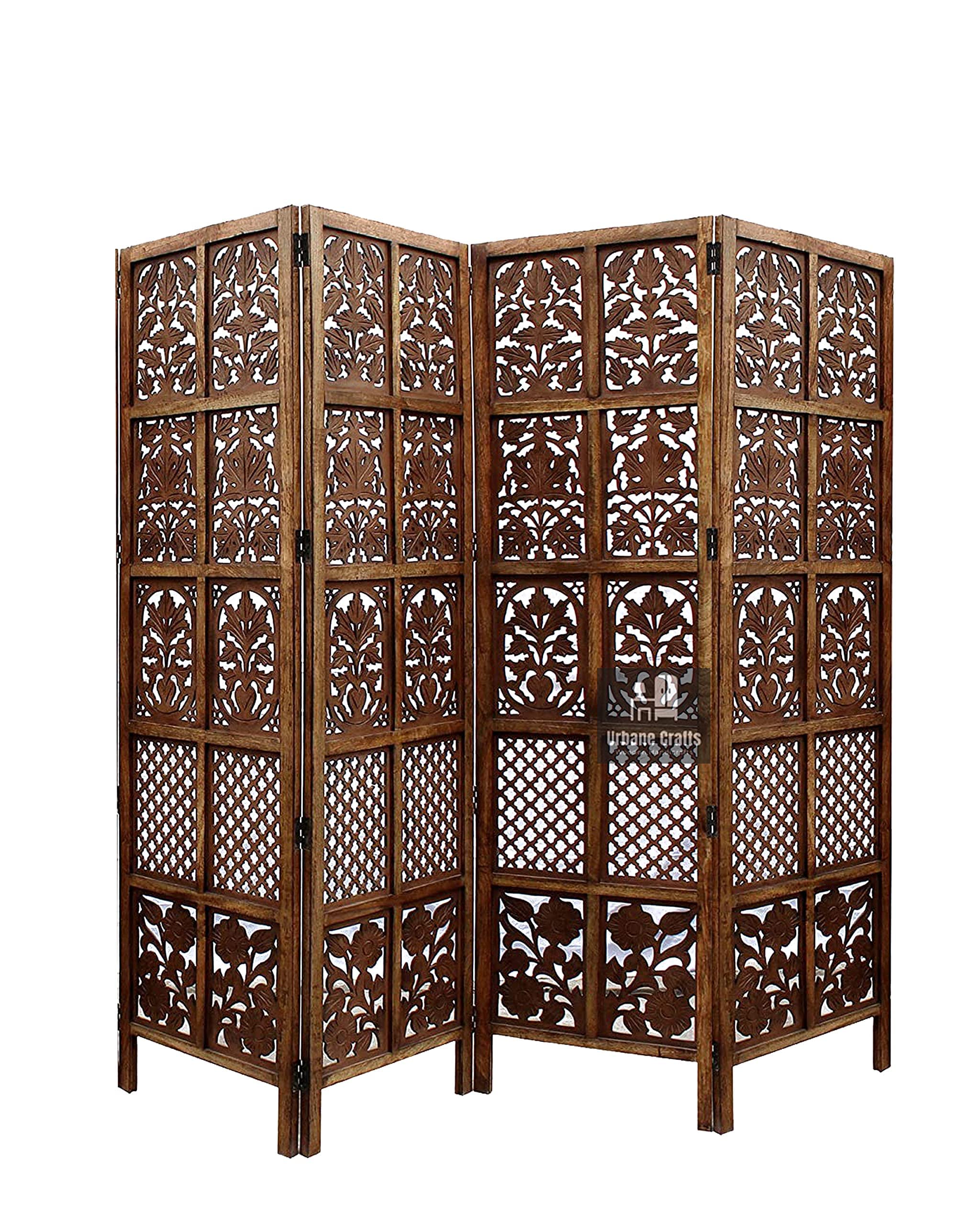 Wooden Room Partition/Screen/Room Divider/Room Separator Burnt Wood Finish (Hand Buffing) Frame Traditional Handicrafts 6Ft Height (4 Panel)