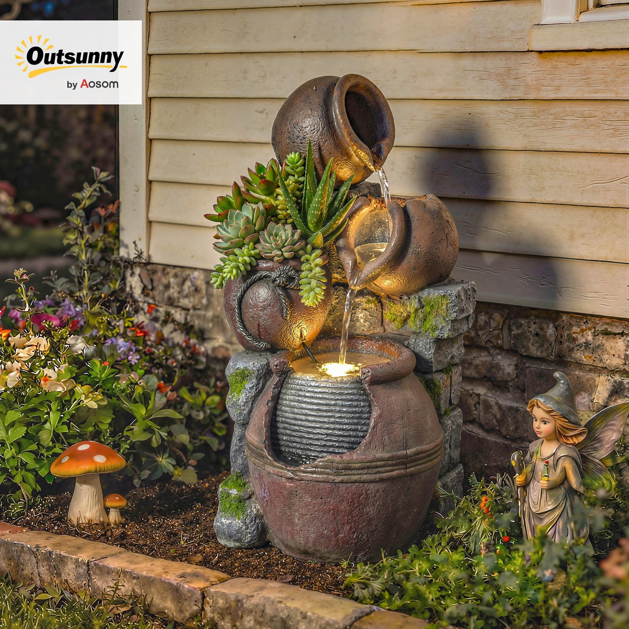 Outsunny Outdoor Fountain with 4-Tier Rustic Pot Design, Cascading Rock Waterfall with LED Lights and Adjustable Flow, Freestanding Resin Waterfall Feature for Patio Garden - 3