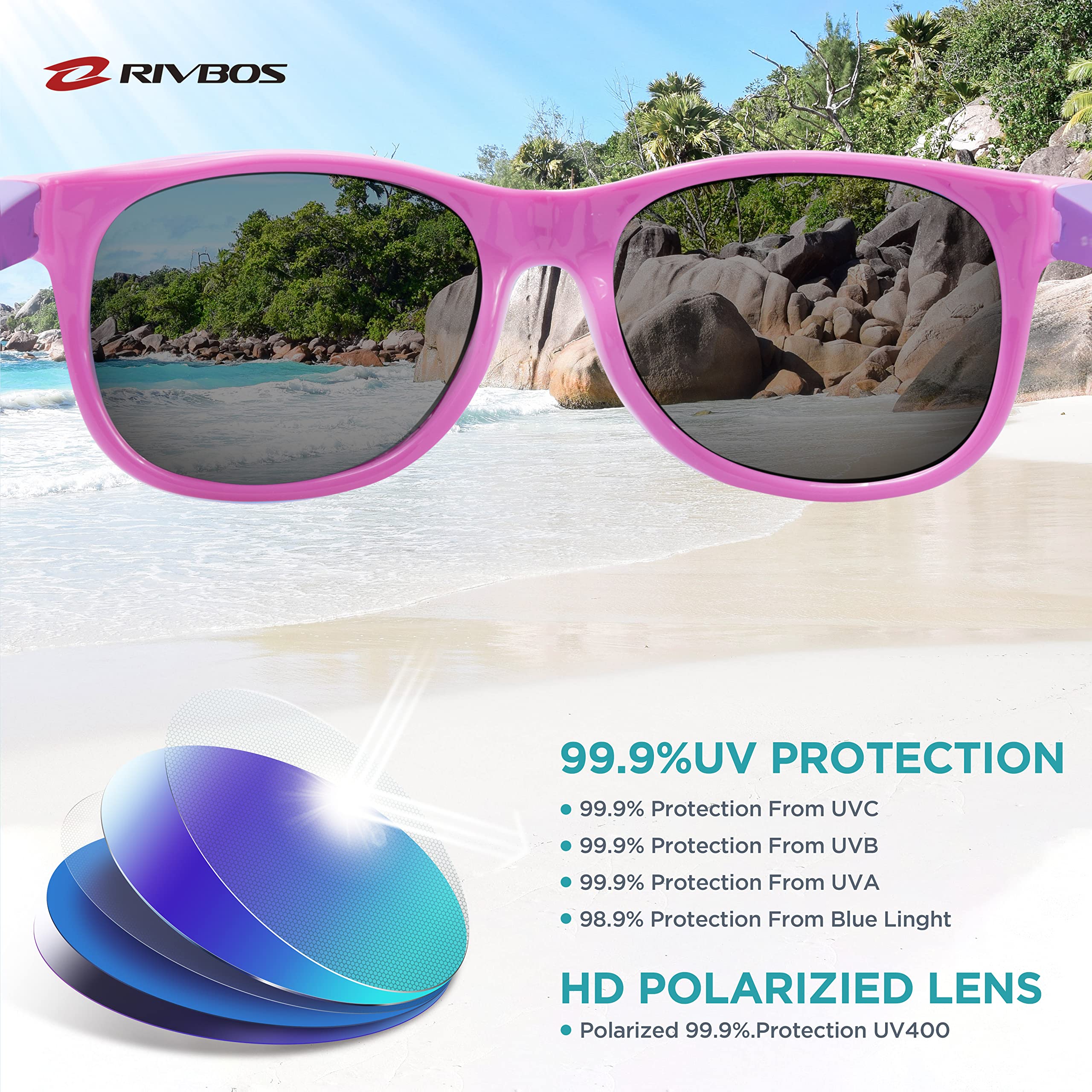 RIVBOS Kids Sunglasses Polarized Rubber UV Protection with Glasses Strap for Boys Girls Baby and Children Age 3-10 RBK004-2 — view 3