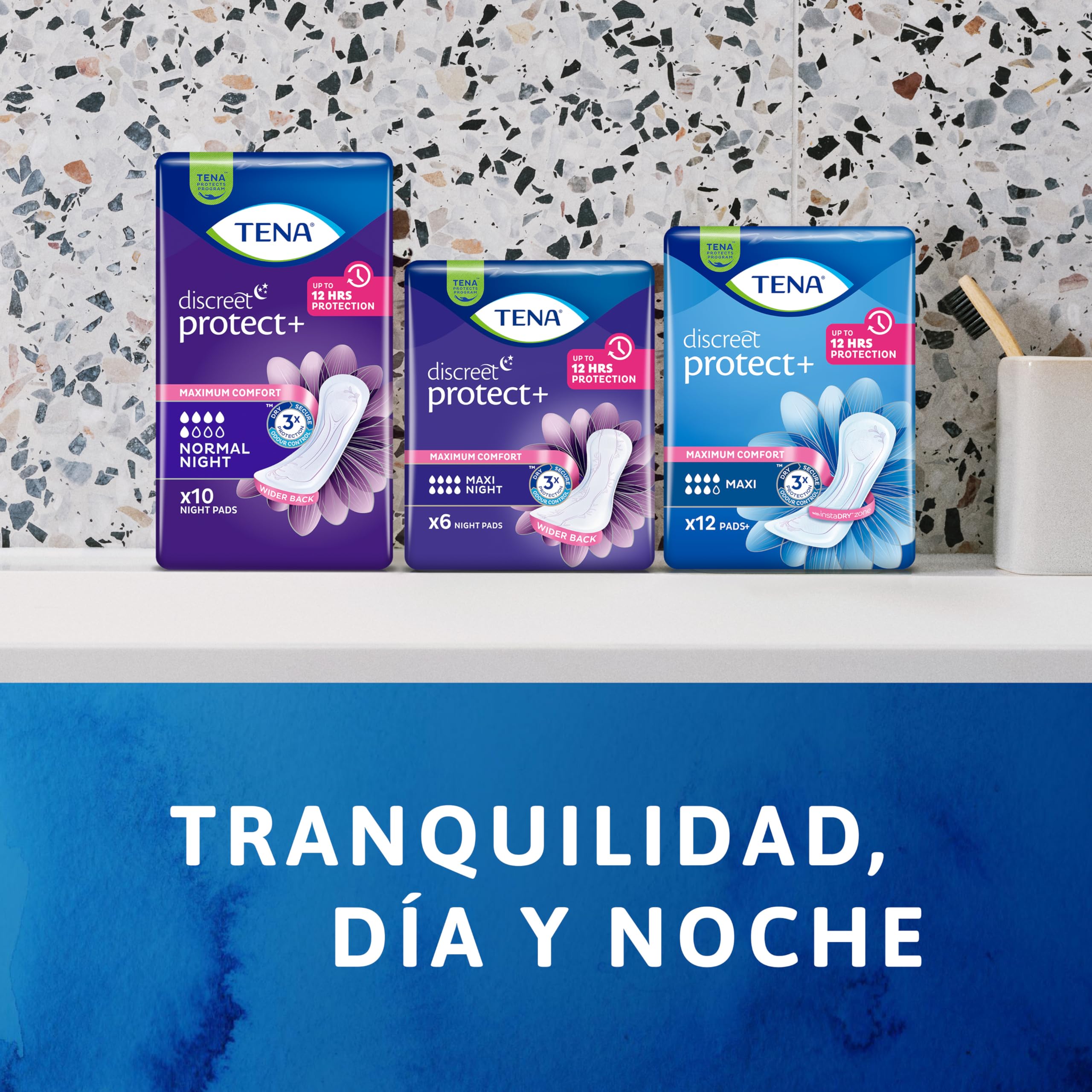 TENA Discreet Protect+ Maxi Night x48: Compresas Nocturnas para Mujeres - Máxima Protección y Confort al Acostarse, y Absorción con InstaDRY™ - Paquete Mensual de 48 unidades (6x8)