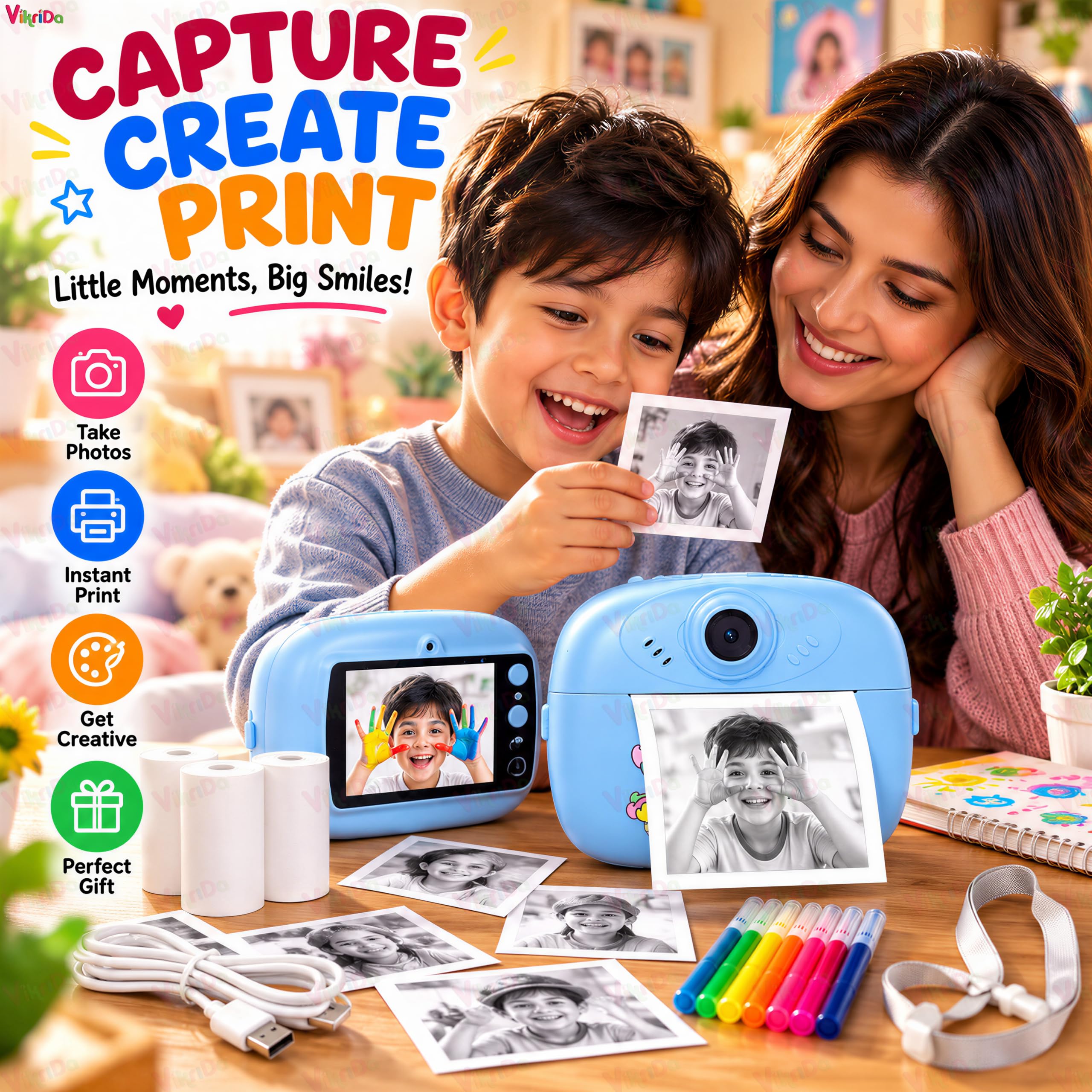 VikriDA Instant Print Camera for Kids | 1080P HD Digital Video Recorder with Built-in Printer | Instant Photo Printing | Multicolour — Amazon image 3
