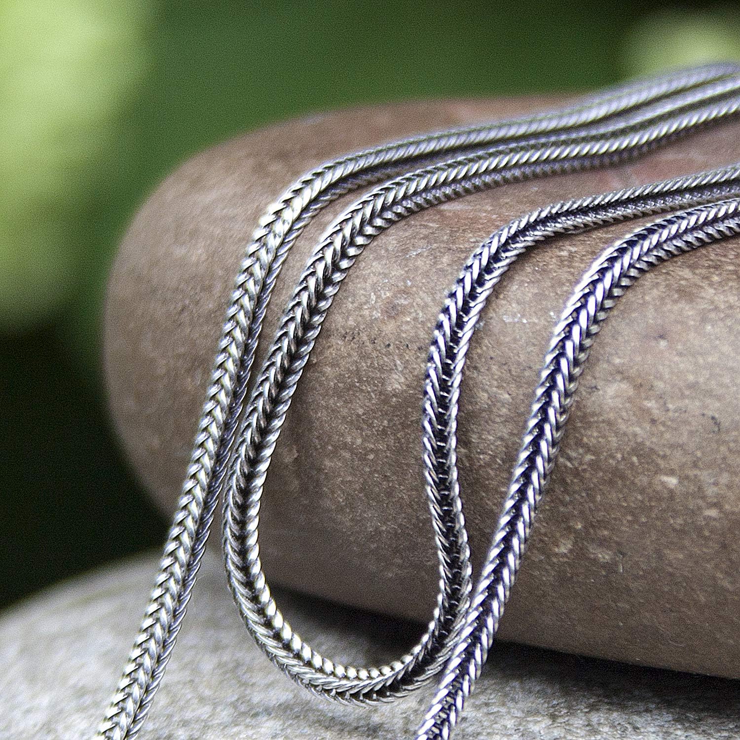 Solid 925 Sterling Silver Foxtail Chain Necklace, Width 1.5mm - Oxidized Non-Tarnish Unisex Snake Design Wheat Chain Necklace for Men Women 17.7" 19.7" 21.6" 23.6" Inch - Handmade