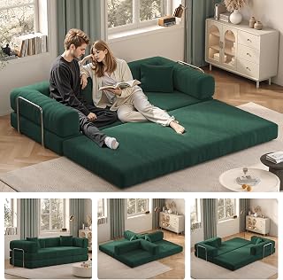 79" Convertible Sofa Bed with Pillows, Corduroy Folding Sleeper Sofa with Fixed-Shape Frame, Boneless Couch for Living Room Bedroom, Floor Sofa Lounge No Assembly Required (Green)