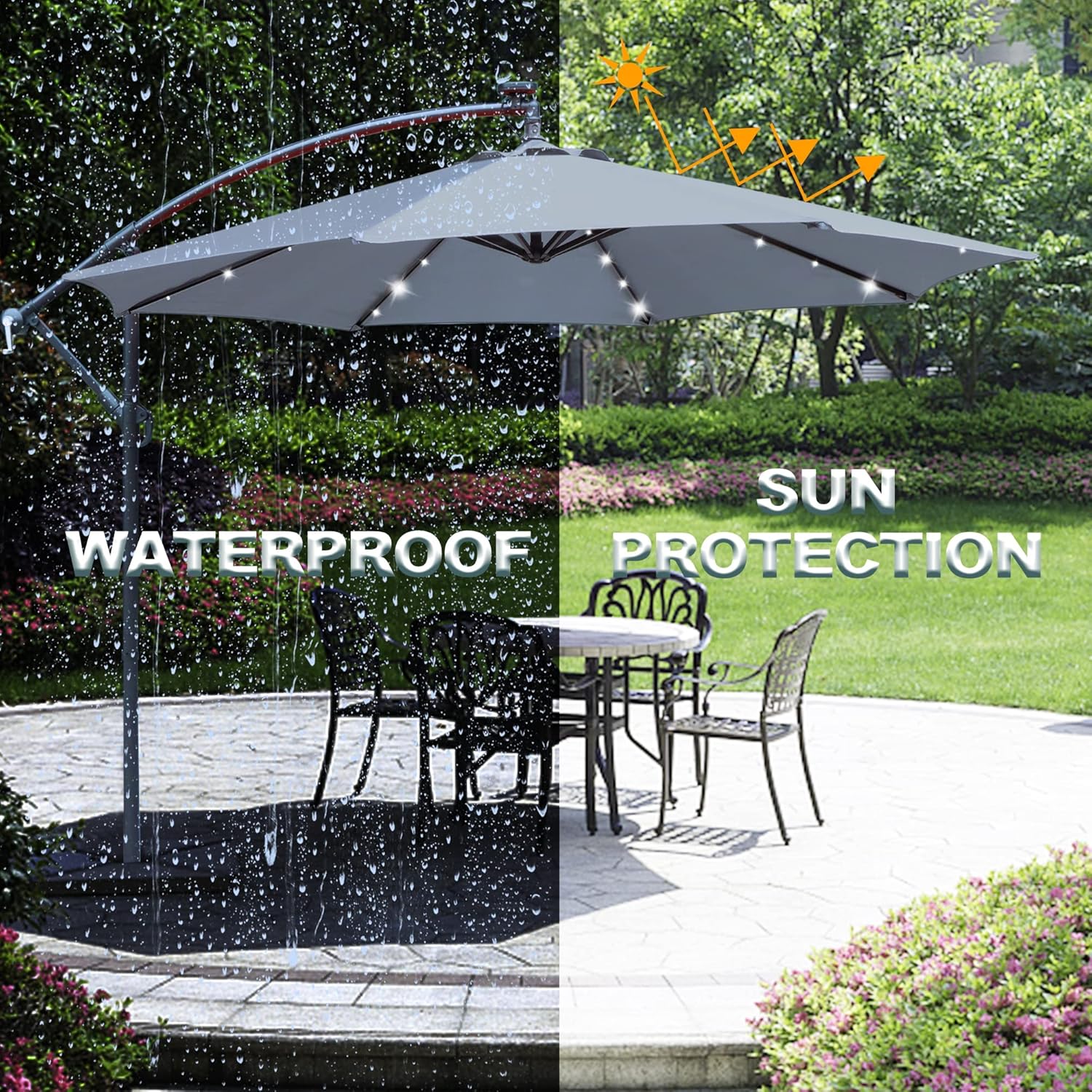 Blissun 10 ft Offset Umbrella with 32 Solar LED Lights, Solar Umbrella Hanging Lighted Patio Market Umbrella for Garden, Backyard, Patio, Pool, Dark Grey
