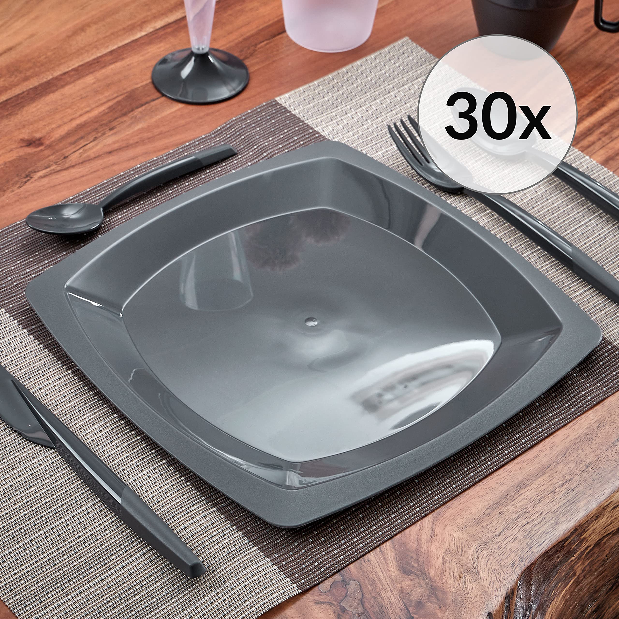 Grizzly vajilla plastico duro reutilizables I Set de 30 platos vajilla I Aptos para lavavajillas I Inastillables I Estables I 100% reciclables I camping accesorios antracita