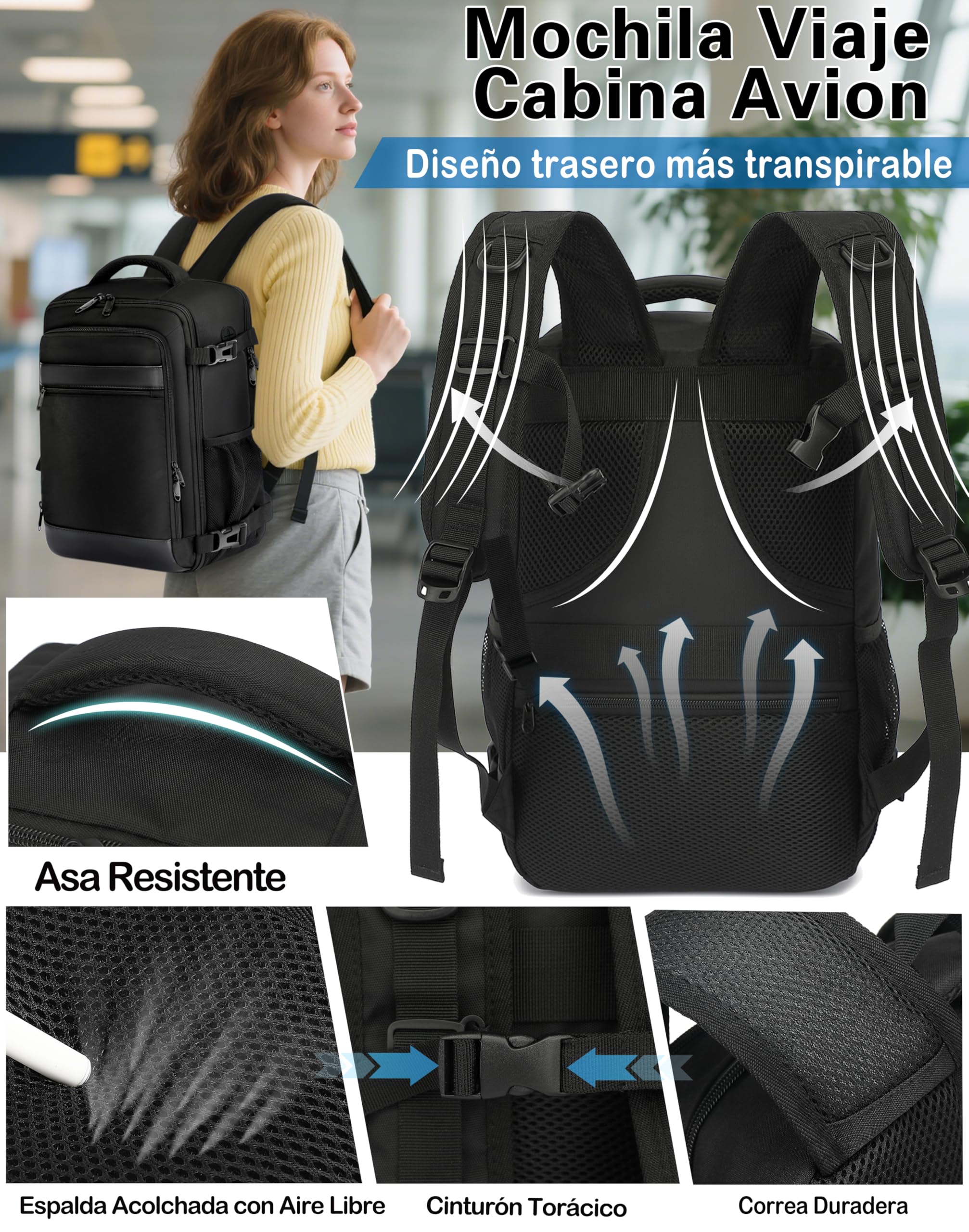 KLOSTAIN Mochila Viaje Cabina Avion 40x20x25 para Ryanair 20L Mochila Cabina Equipaje de Mano Bolso Viaje Hombre Mujer Mochilas para Portatil de 14 Pulgadas Mochila de Trabajo Escuela Negro