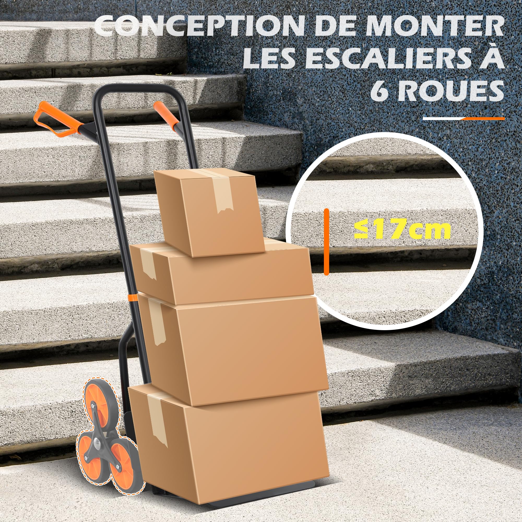 DURHAND Diable d'escalier Pliable 120 kg 6 Roues, Diable demenagement Robuste en Acier avec Cordes télescopiques, Chariot de Transport pour entrepôt, aéroport, Objets volumineux & Lourds, Orange