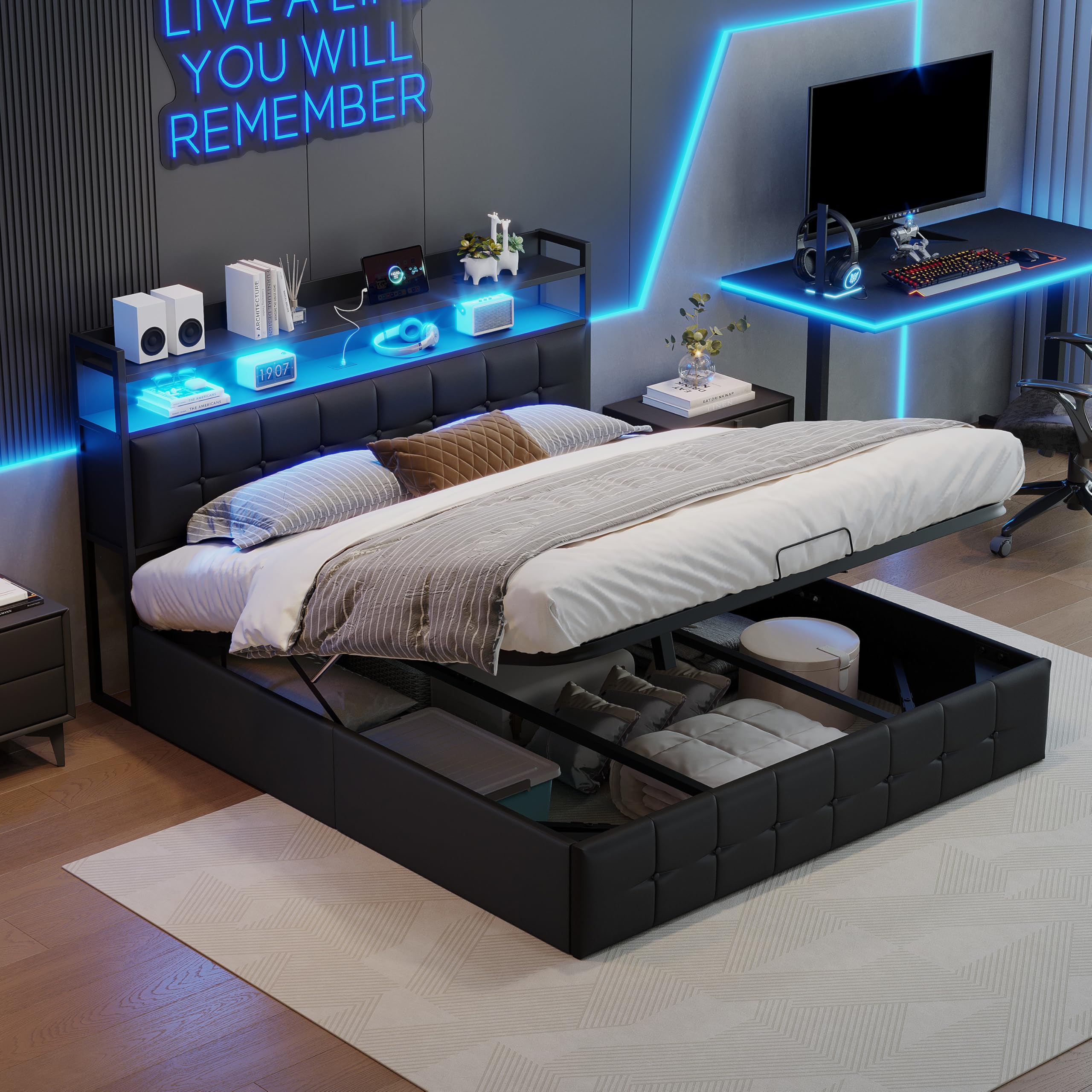 TIMORWTF Lit 140x200 avec Sommier,Cadre de lit 140x200 avec 4 Tiroirs Rangement,Lit Coffre avec LED et USB,Lits 2 Personnes pour Adultes,Velours, Beige(sans Matelas