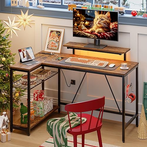 Miniatura 55 de Bestier Escritorio en forma de L de 58 L con tomas de corriente, escritorio esquinero para oficina en casa con estantes reversibles y luces LED,