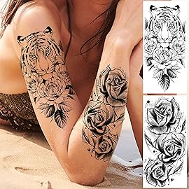 EGMBGM 69 Sheets Realistic Peony Rose Flower Temporary Tattoos For Women Girls Arm Thigh, Owl Tiger Floral Waterproof Long Lasting Temp Fake Tattoos For Women, Small Black Tattoo Stickers Kids Finger