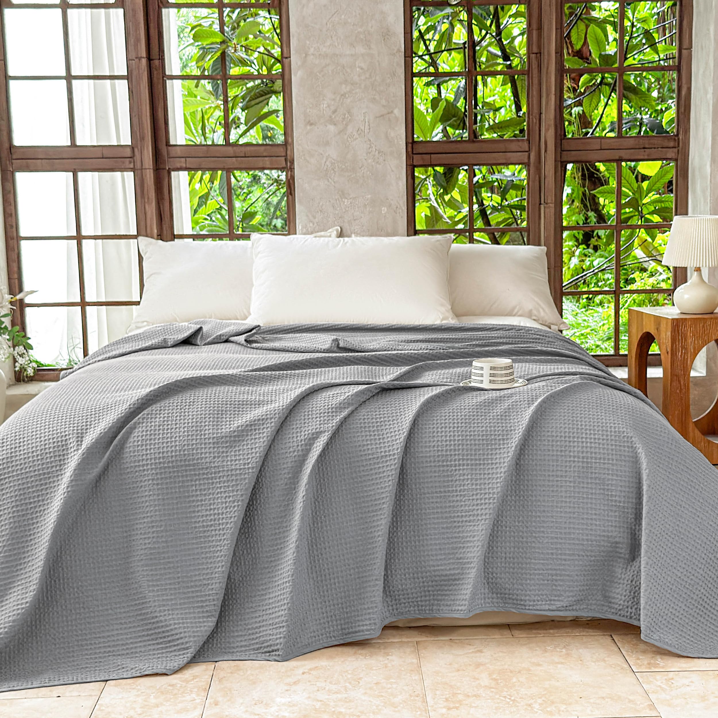 Simple&Opulence 100% Baumwolle Waffledecke Kuschedecke 150x200cm, Atmungsaktiv und Hautfreundlich, Oeko-TEX Zertifiziert Alljahresdecke für Sofa Bett Wohnzimmer, Grau