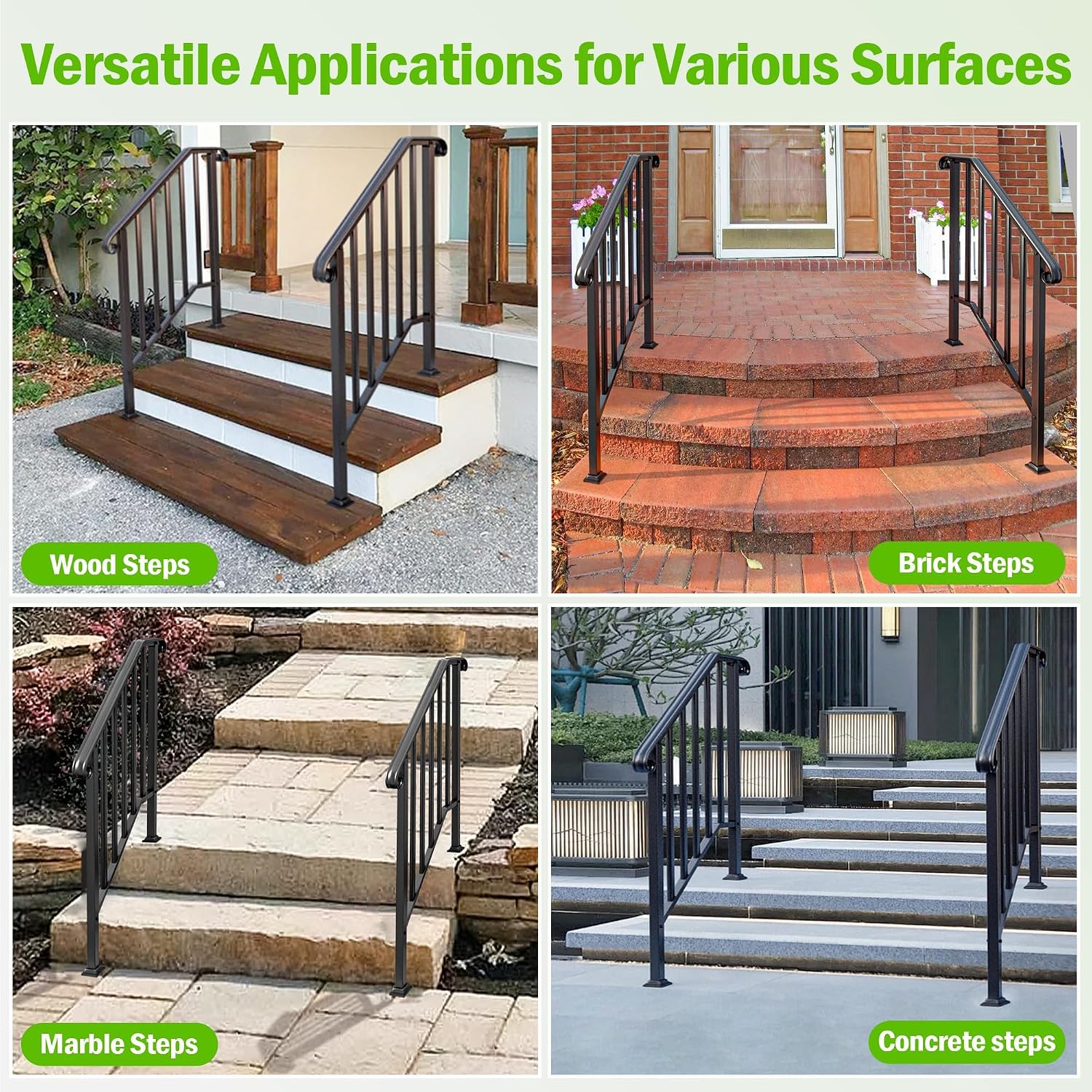 3 Step Handrails for Outdoor Steps, Fit 2 or 3 Steps Outdoor Stair Railing for Concrete Steps, Black Wrought Iron Railing, Exterior Hand Railing for Steps Adjustable Metal Hand Rails for Deck Porch