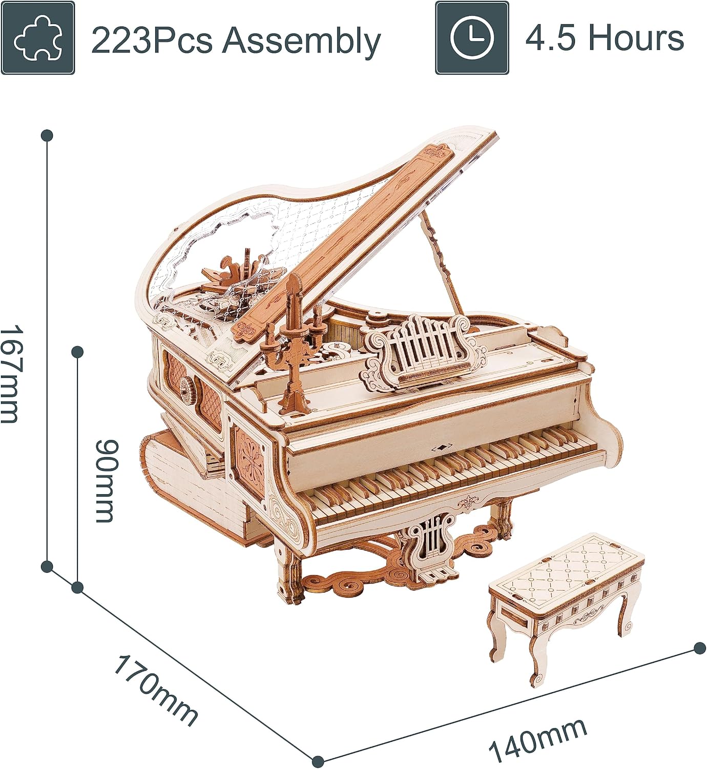 Diagram showing the dimensions and assembly time of the ROBOTIME Magic Piano