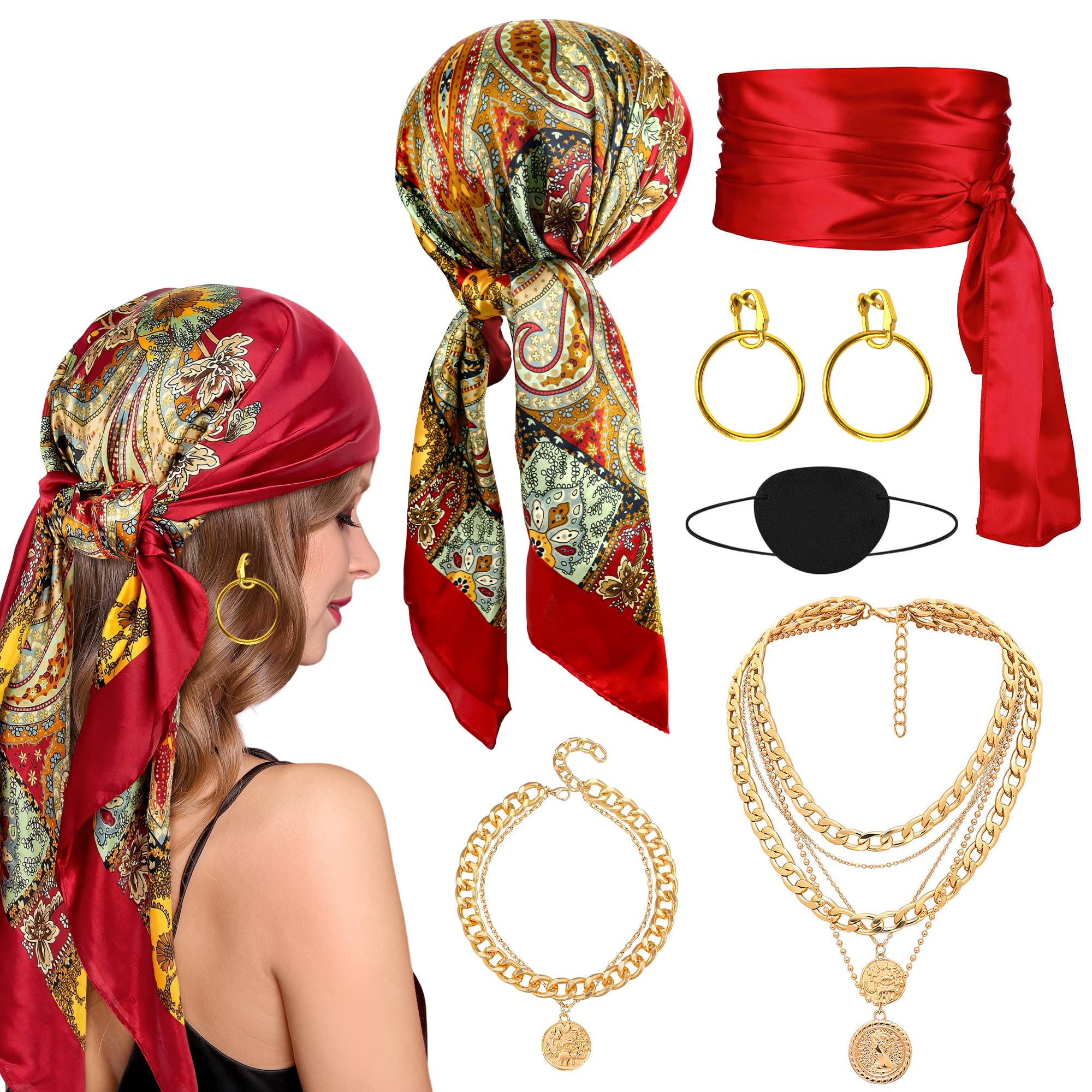 Amlisia Womens Pirate Costume Accessories Set, Captain Pirate Accessories with Pirate Head Scarf Necklace Jewelry for Party (Red)