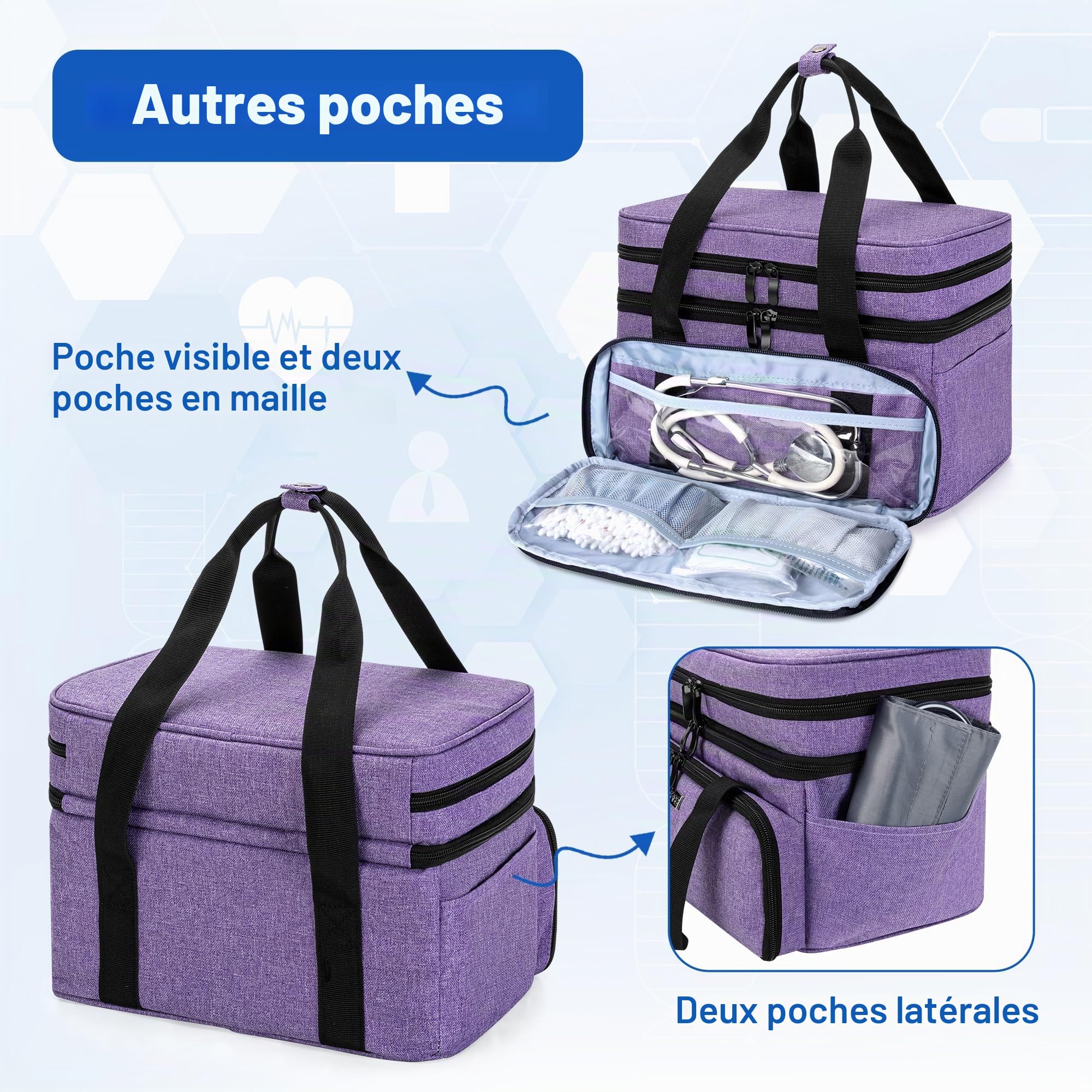 BAFASO Sac de Médecine Double Couche avec 2 Pochettes Transparentes Amovibles, Sac de rangement de Médicaments pour Les Voyages et I'usage Quotidien (Sac Seulement), Violet