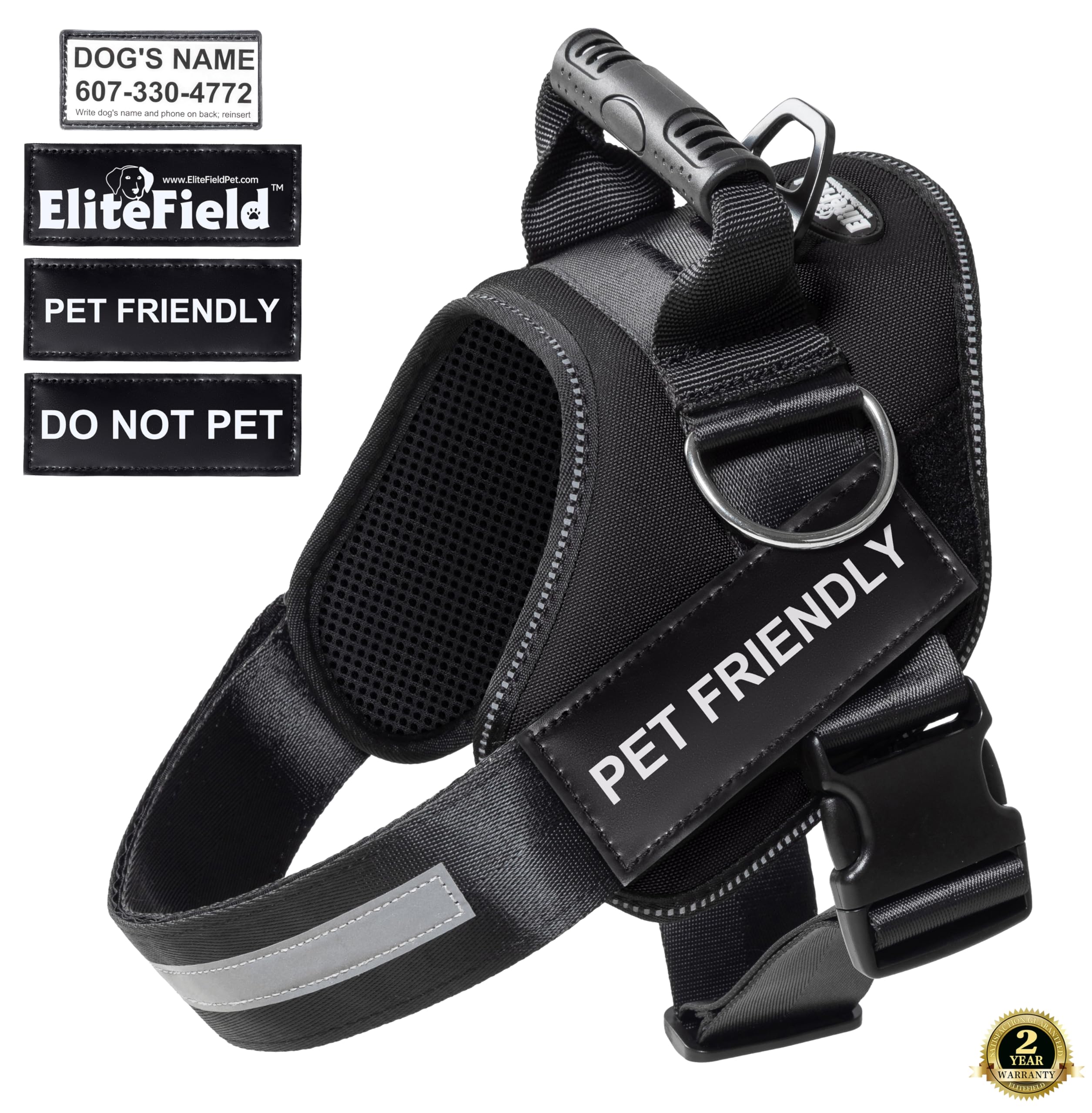 EliteField Reflektierendes Hundegeschirr mit Griff, verstellbar, atmungsaktiv, mit 3 Befestigungspunkten für die Leine, 1000D-Nylon und ID-Tags