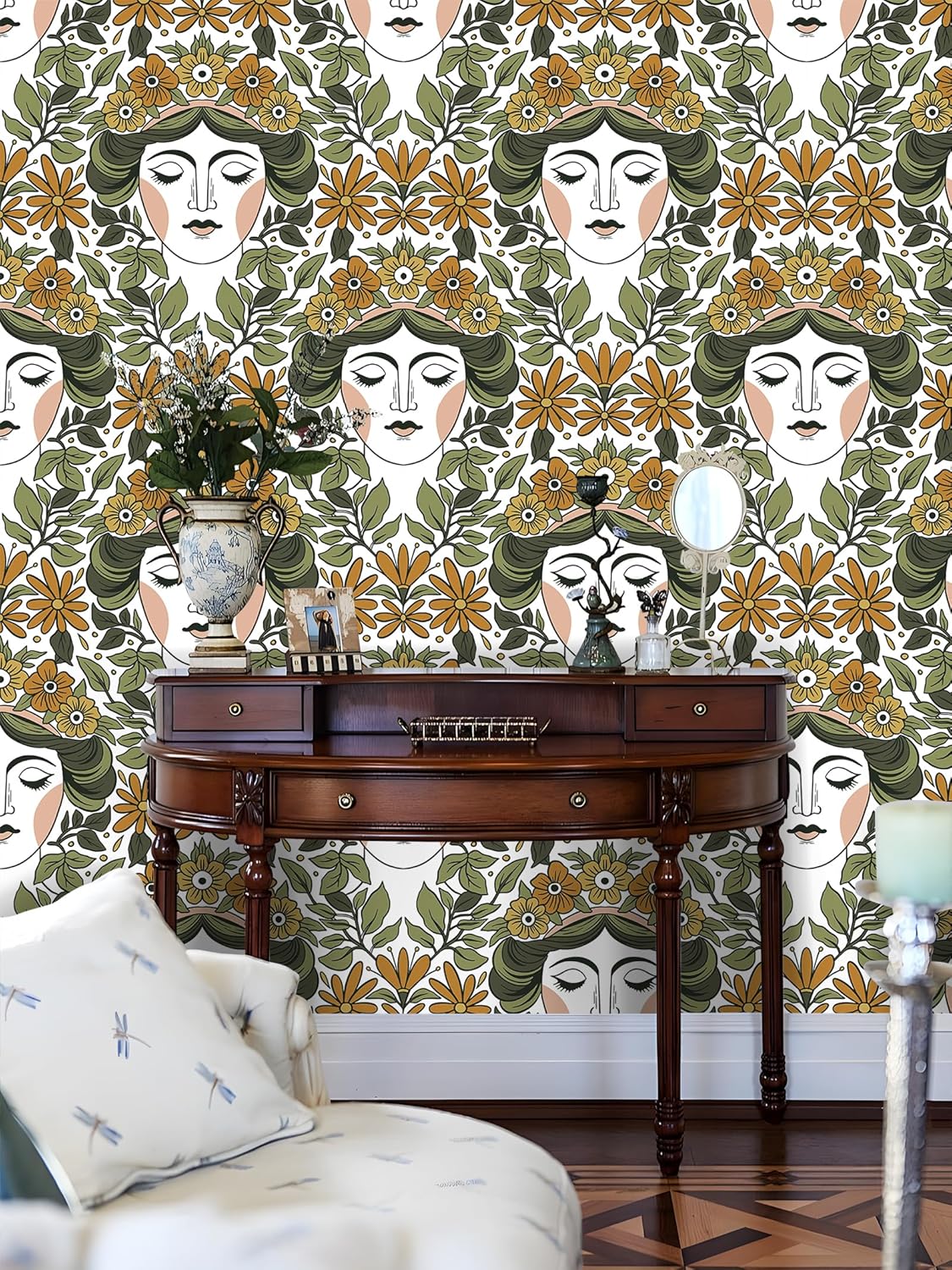 Peel and Stick Wallpaper Vintage Floral Wallpaper Renter Boho Leaf Adhesive Wallpapers for Bedroom Bathroom Girl Flower Contact Paper for Kitchen Home Decor 17.5 x 118 in