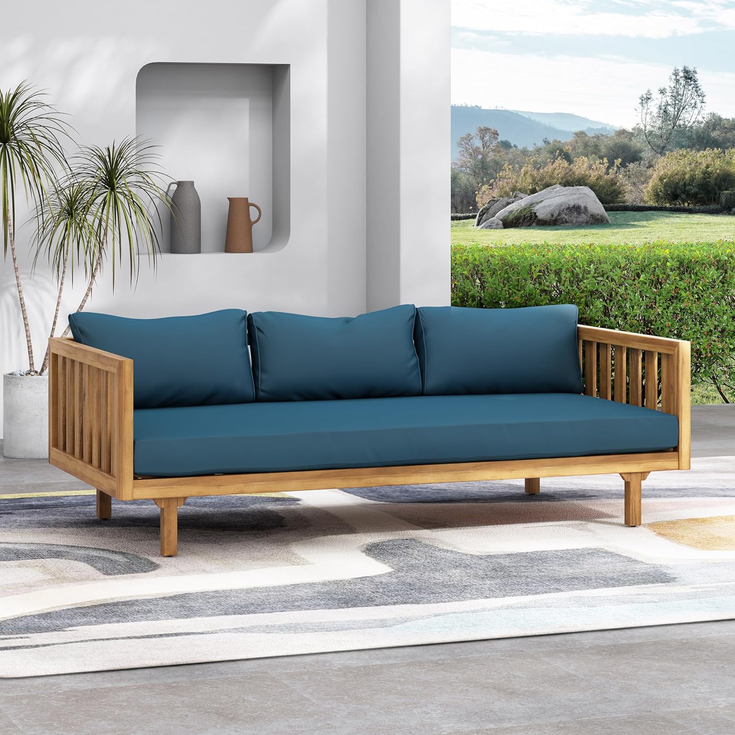 LUMISOL Outdoor Acacia Wood Daybed, Patio 3-Seater Sofa with Water-Resistant Cushions, Patio Conversation Set Outdoor Daybed with Wooden Armrests for Backyard, Deck, Poolside, Teak Blue