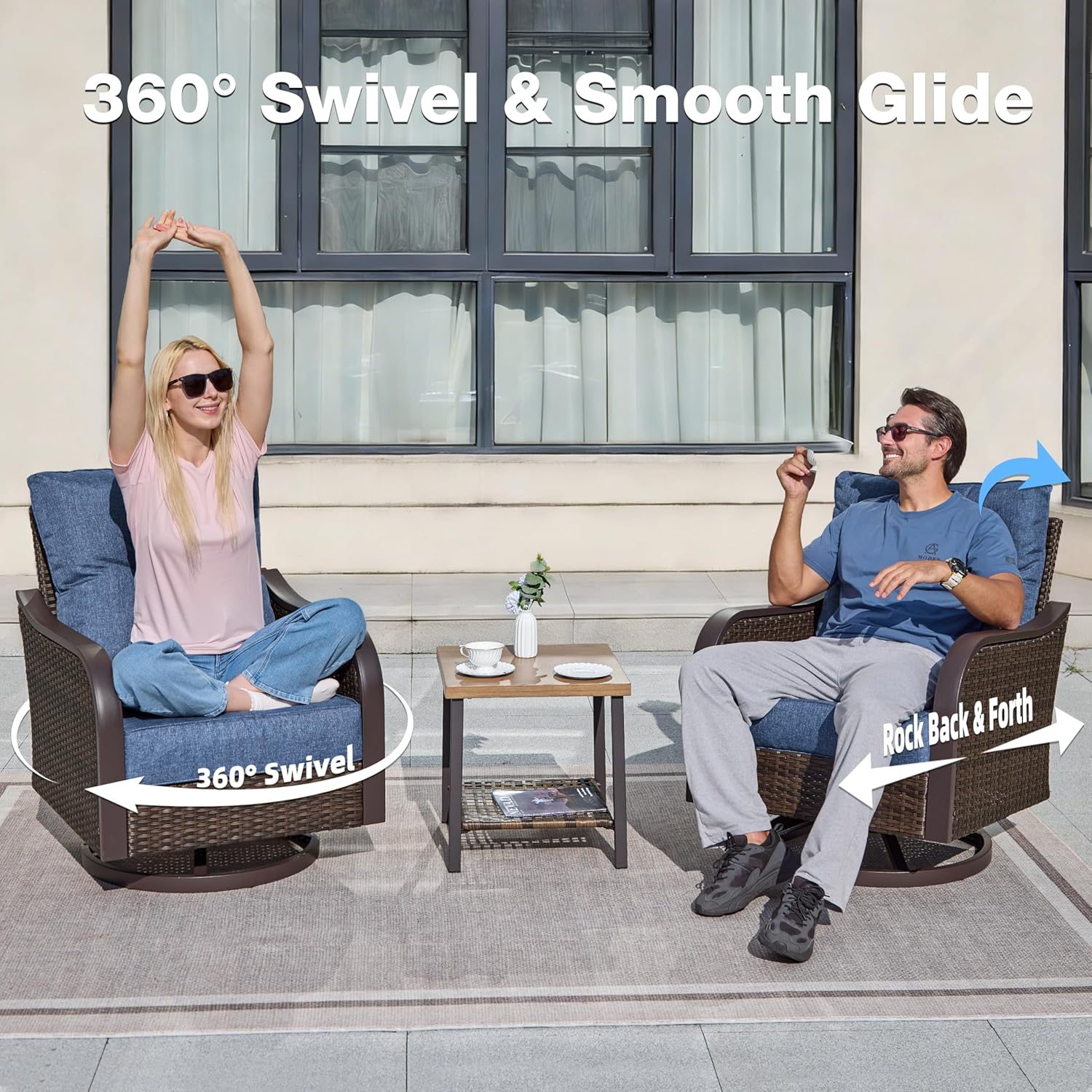 Outdoor Swivel Rocker Chairs, Wicker Swivel Rocking Chairs with 6'' Thick Cushions and Side Coffee Table, 3 Piece Patio Furniture Set for Balcony, Porch, Deck, Poolside, Navy