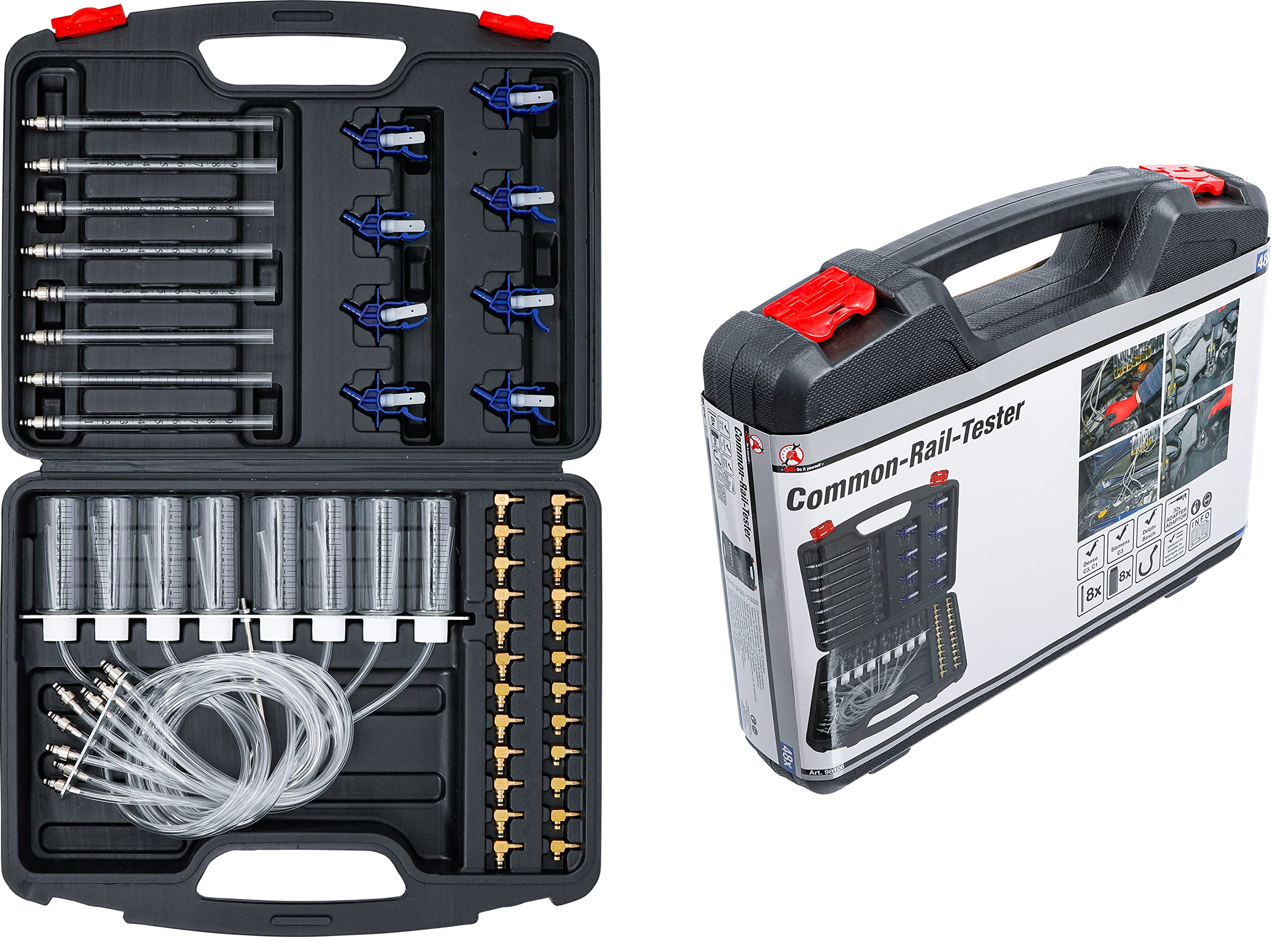 BGS Diy 98106 | Common-Rail-Tester | 32 Adapter | bis zu 8 Einspritzdüsen | Rücklaufvolumen über Glaskolben oder Messbehälter | Adapter für Denso C3, C1, Siemens C3, Delphi, Bosch