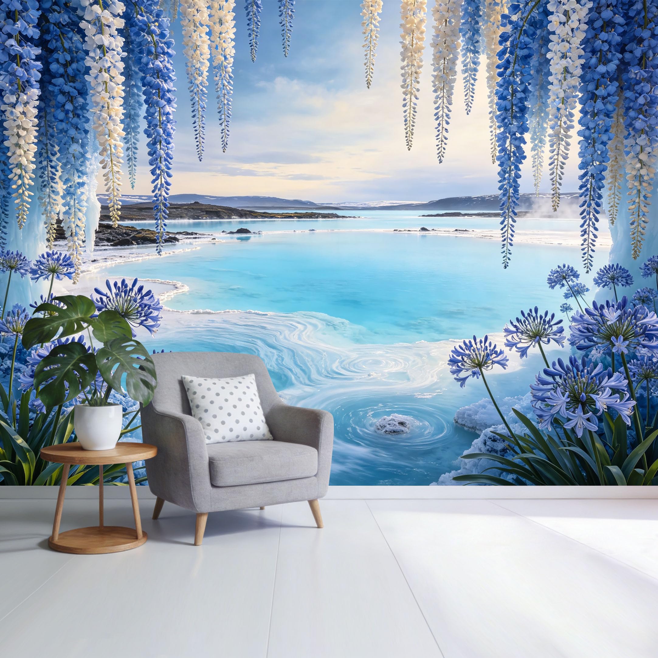 Custom Size Wall Mural Blue Wisteria Flowers Coastal Lake Landscape Watercolor Ocean View SelfAdhesive Wall Fabric Removable Wallpaper for Home Office Decor