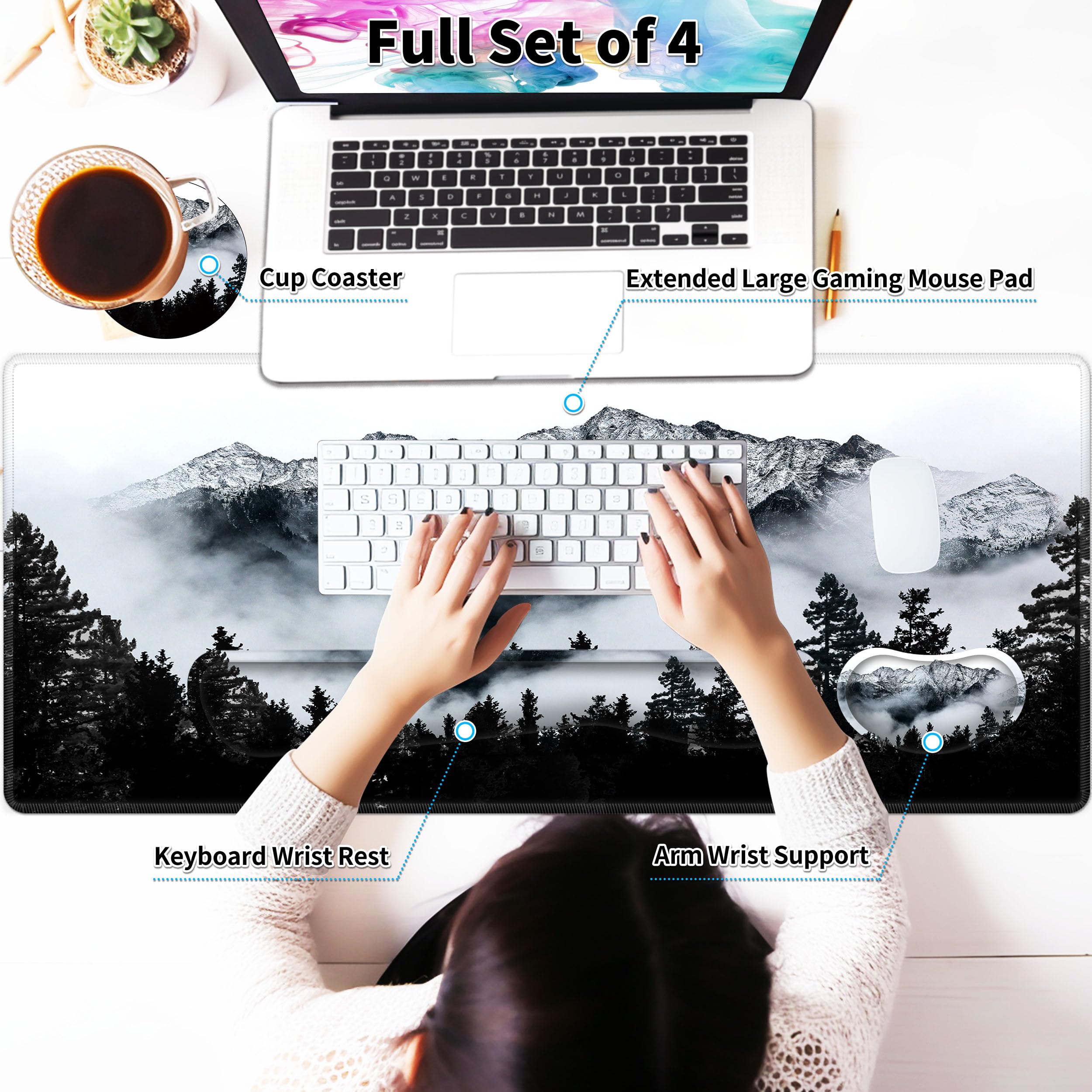 Premium Großes Gaming-Mauspad-Set, 35,4 x 15,7 cm, mit Tastatur-Handgelenkauflage, Handgelenkstütze und Untersetzer, Memory-Schaum, glatte Schreibtischunterlage, Mauspad für Zuhause, Büro,