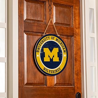 NCAA University Of Michigan Door Decor, 18" Round Wood College Welcome Sign for Front Door, Indoor Outdoor Sports Wall Hanging for Porch, Dorm, Man Cave