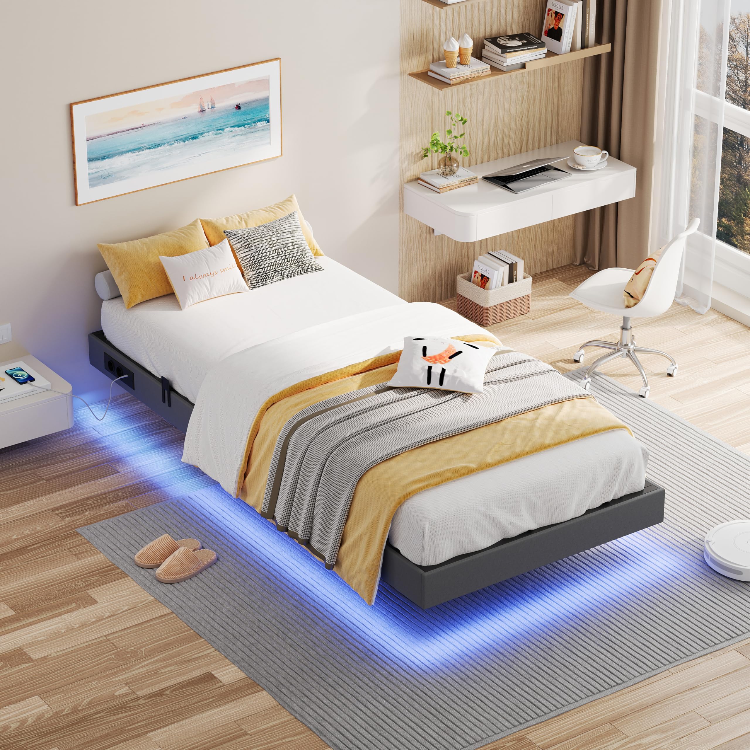 IRONCK Bett 140x200 mit LED Beleuchtung und Ladestation, Bettgestell 140x200 cm mit weicher Polsterung, Floating Bed Frame, Bettrahmen 140x200cm, Jugendbett, Metallbett mit Lattenrost Doppelbett, Grau