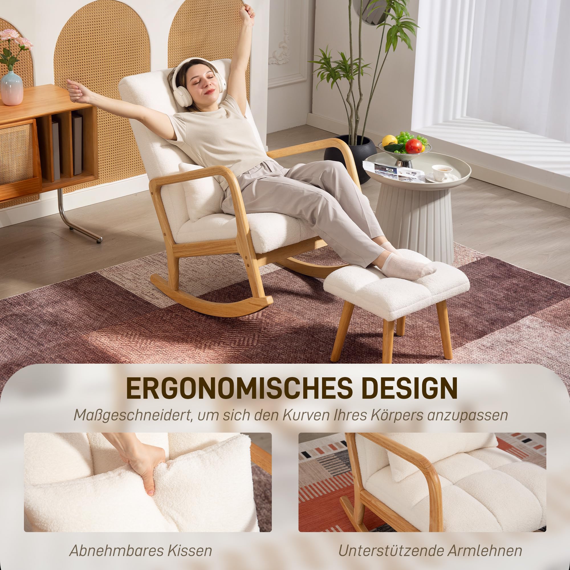 HOMCOM Schaukelstuhl mit Hocker Fleece-Bezug Armlehnen Holzkufen Weiß | Schaukelsessel, Breit Sitz, Hohe Rückenlehne, Gepolstert, Schwingsessel, Relaxsessel, Wohnzimmer, Schlafzimmer