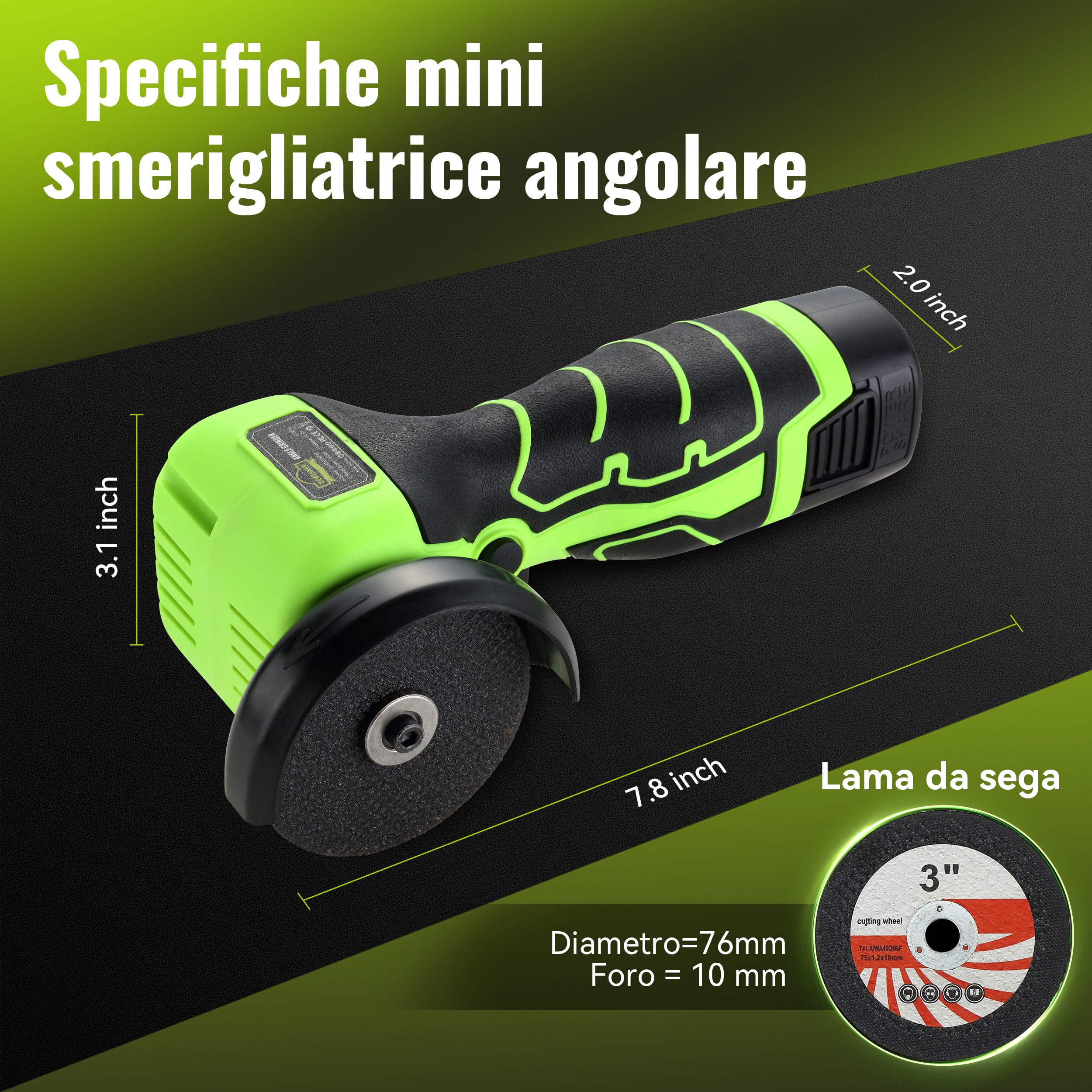 DEWINNER Smerigliatrice Angolare Senza Fili 19 500 RPM - Fresatrice 76mm, 2 Batterie 2000mAh, 6 Dischi di Taglio e Valigetta di Trasporto - Per Molatura, Lucidatura, Taglio