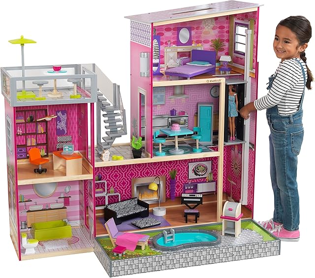 Kidkraft 65833 Uptown Wooden Dolls House With Furniture And Accessories Included, 3 Storey Play Set For 30 cm/ 12 Inch Dolls