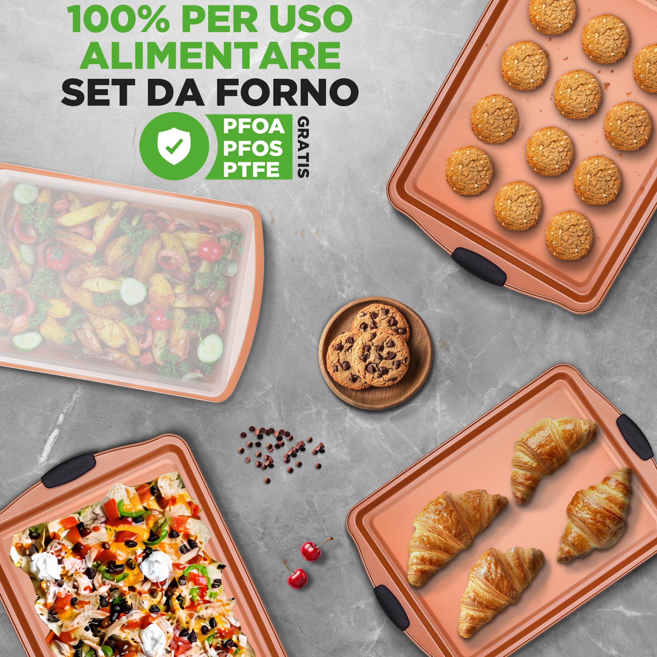 NutriChef Set 5 Teglie da Forno Antiaderente, Biscotti Impilabili, Teglia Arrosto Coperchio, Maniglie Silicone, Facili da Pulire, Rame