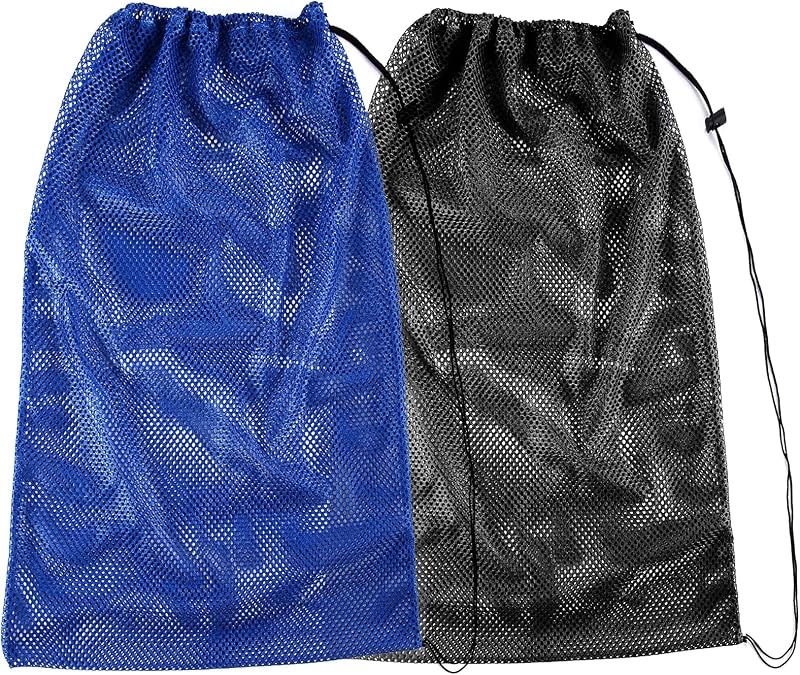2 paquetes de bolsa de malla para equipo de snorkel, bolsa de buceo de malla de gran tamaño de 18" x 27" Mochila de snorkel para buceo, aletas, equipo de natación, playa y equipo deportivo (negro y azul)