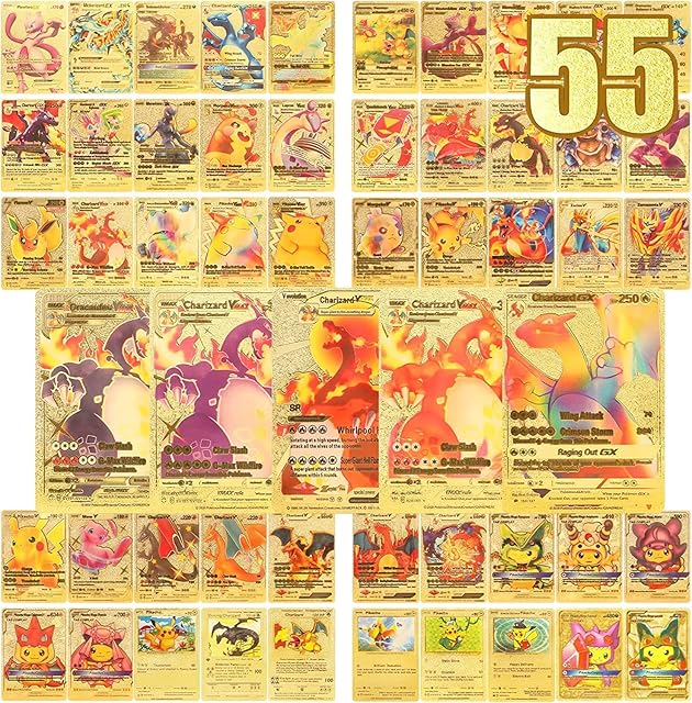 VMENT Gold Poke Cards 55 PCS TCG Deck Box Gold Foil Card Assorted Cards (16 Vmax Rares, 13 V Series Cards,11 GX Cards, 2 EX Rares, 7 Tag Cosplay Cards and 6 Basic Cards)